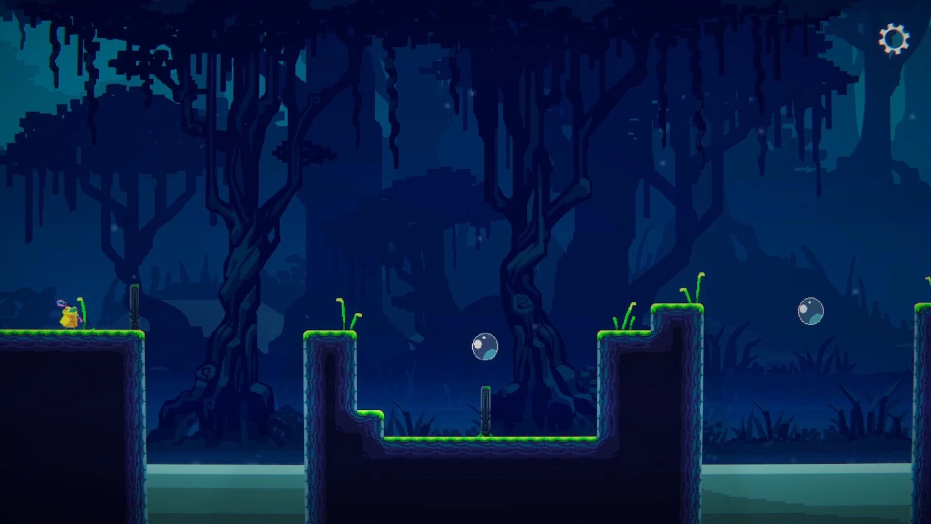 Anura: Don Rano jumps between platforms using bubbles in a mysterious, dark forest setting