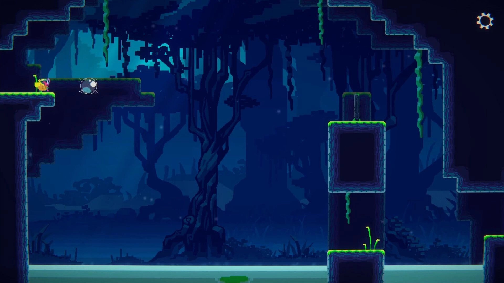Anura: Don Rano jumps across platforms using a bubble in a lush, dark forest setting.