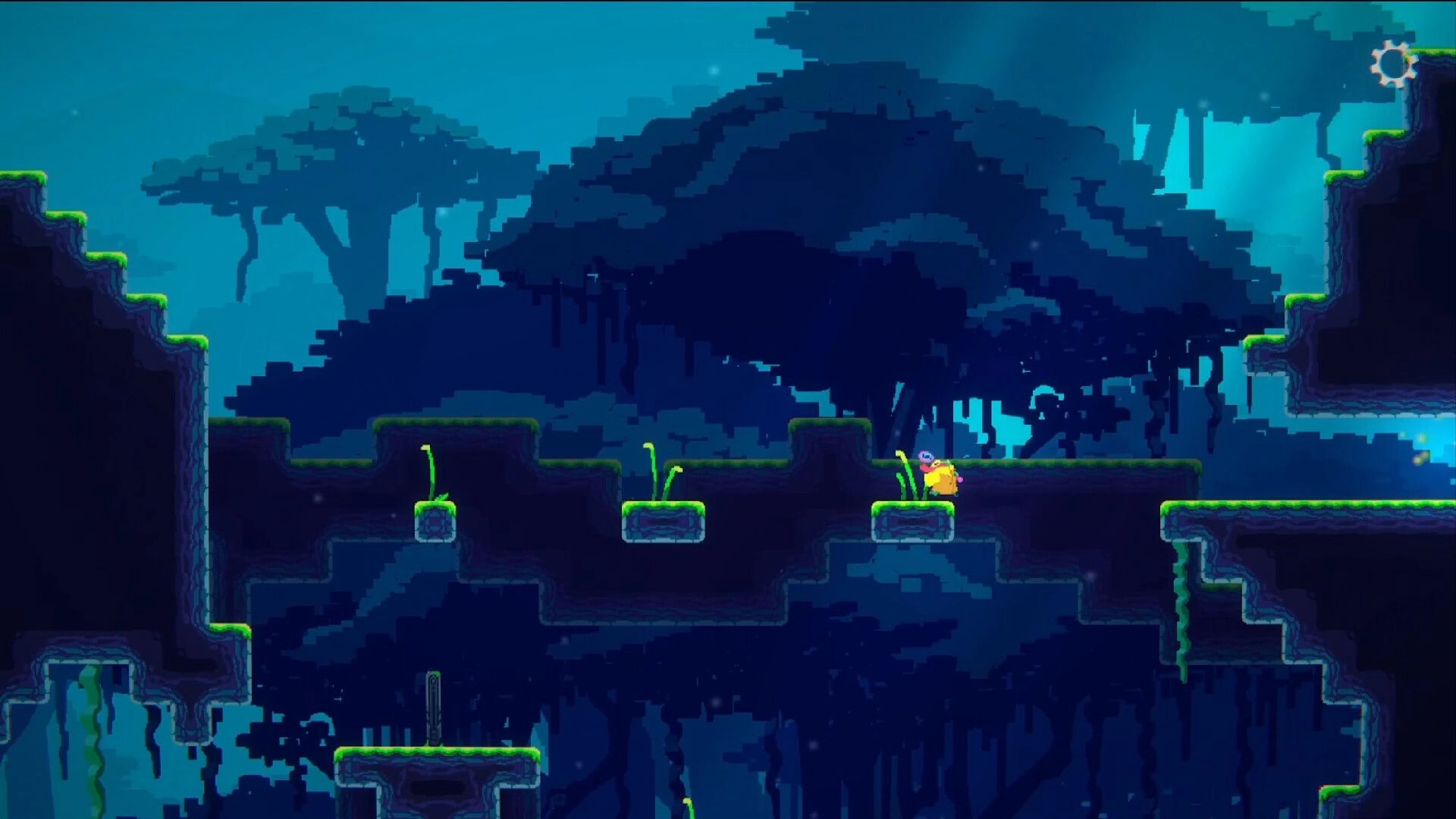 Anura: Don Rano standing on mossy platforms in a dense, shadowy forest with a gear icon in the corner