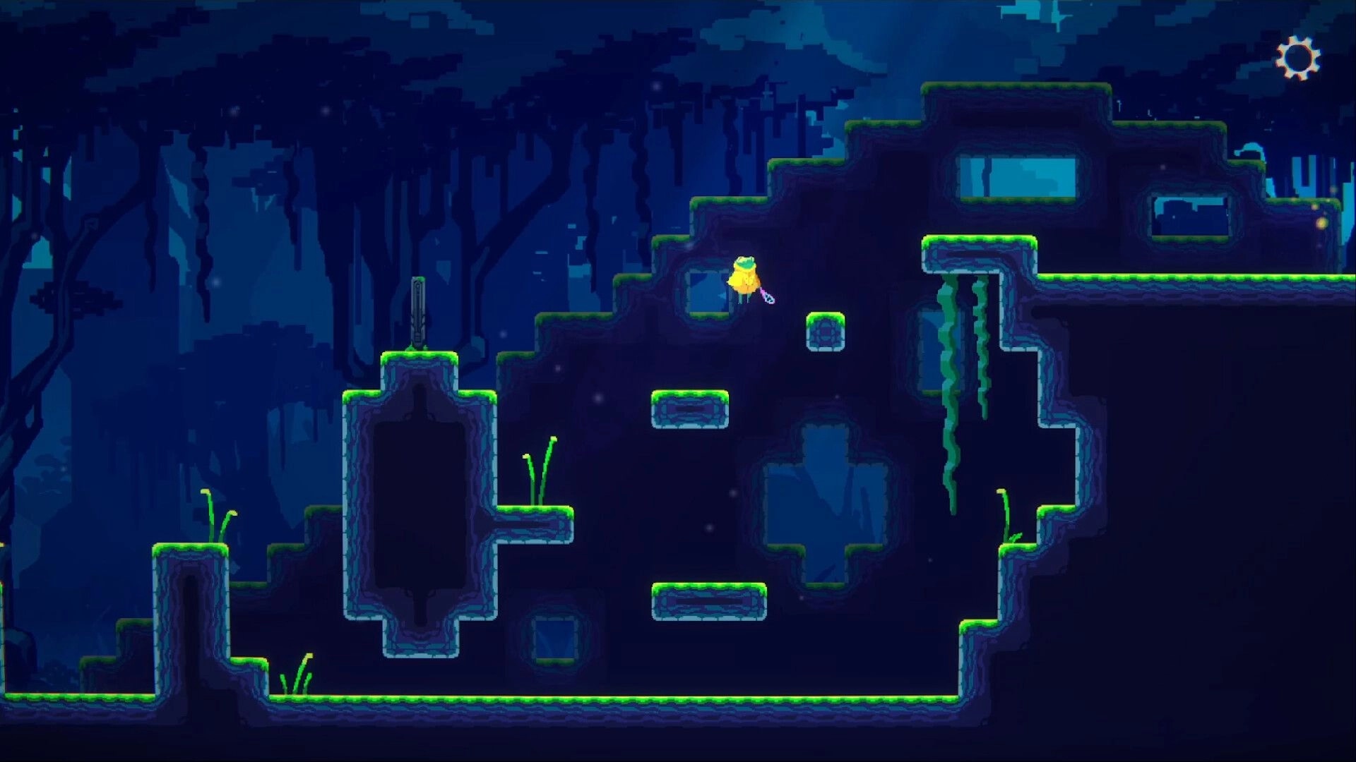 Anura: Don Rano jumps between platforms in a dark forest setting with glowing edges and dense trees.