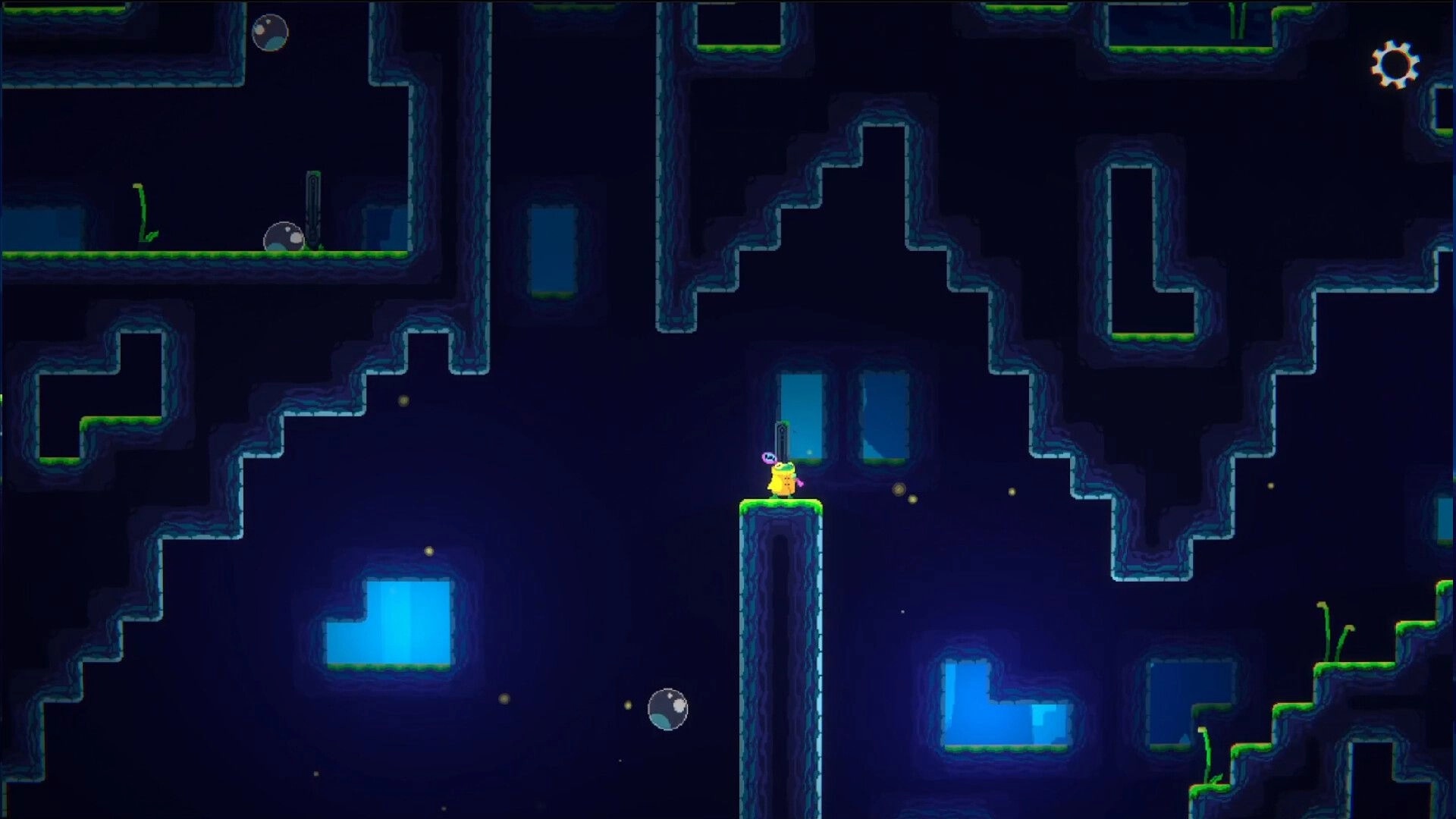 Anura: Don Rano stands on a tall platform in a dark cavern with glowing bubbles around him.