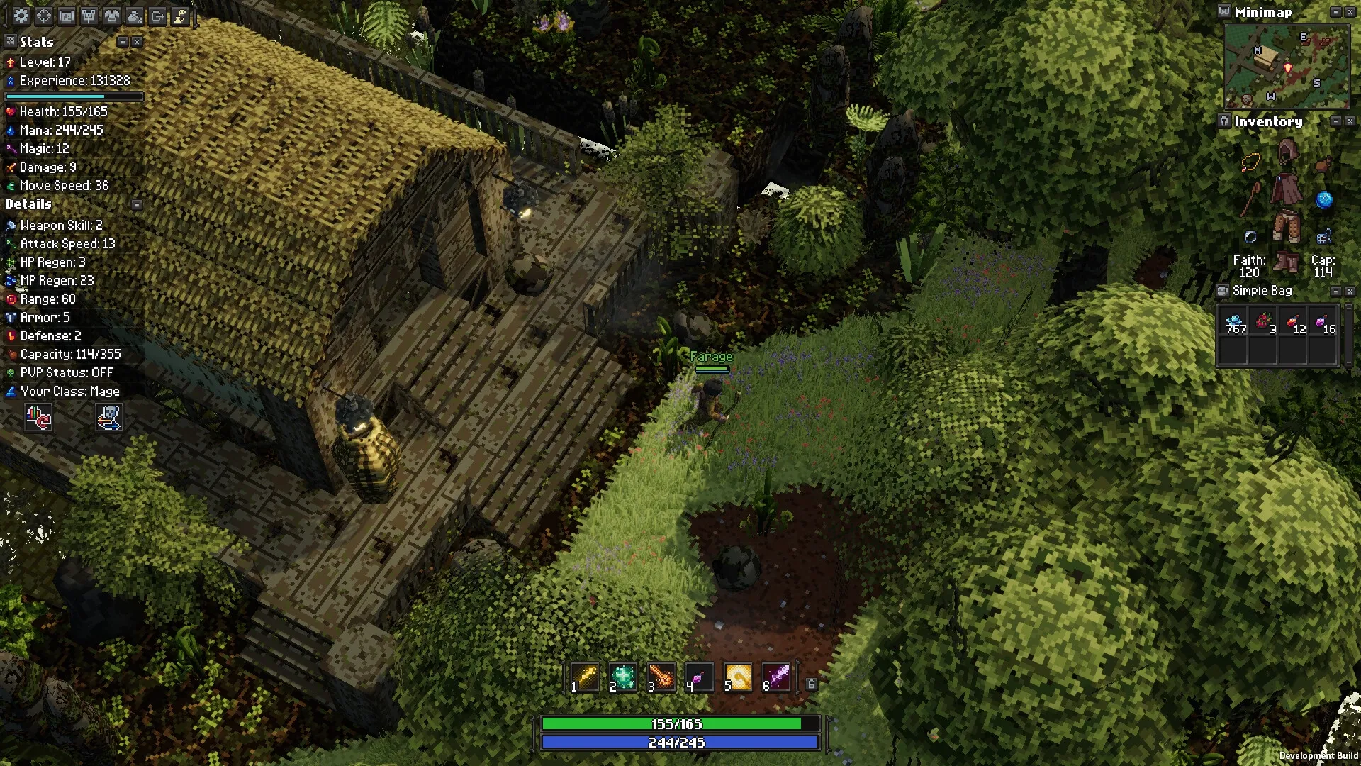 Apogea: Character exploring forest village with visible stats, inventory, and minimap on interface.