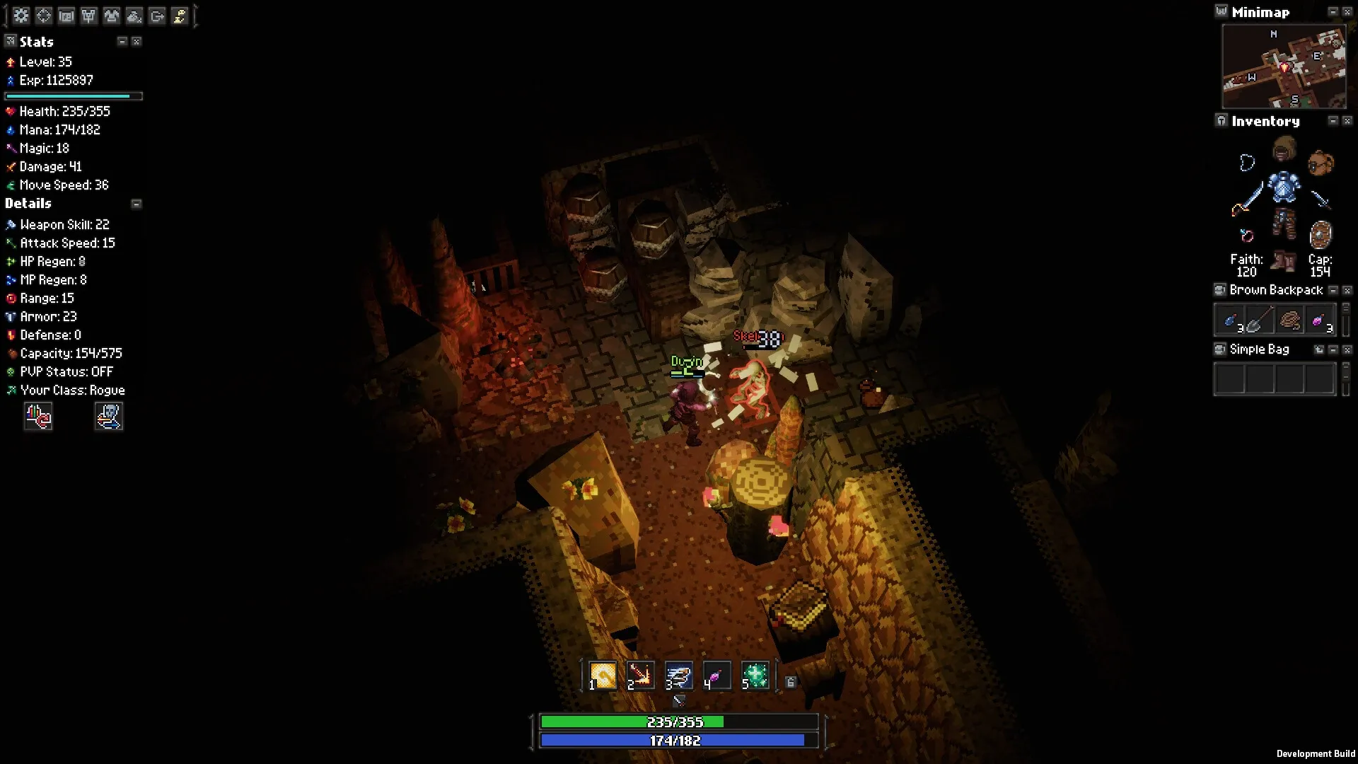 Apogea: Player Duzin battles a skeleton in a dimly lit dungeon with stats and inventory visible