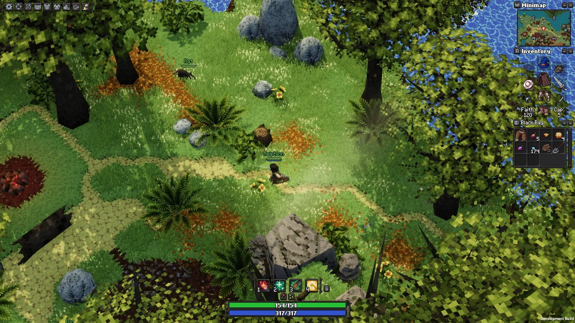 Apogea: Isometric forest exploration with character Ialphon, visible minimap, and inventory UI elements