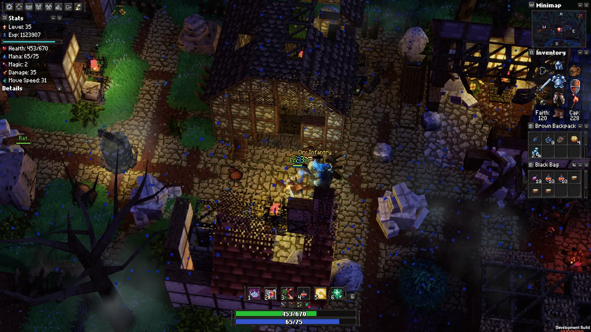Apogea: Orc Infantry battle near a medieval village with stats and inventory UI visible on screen.