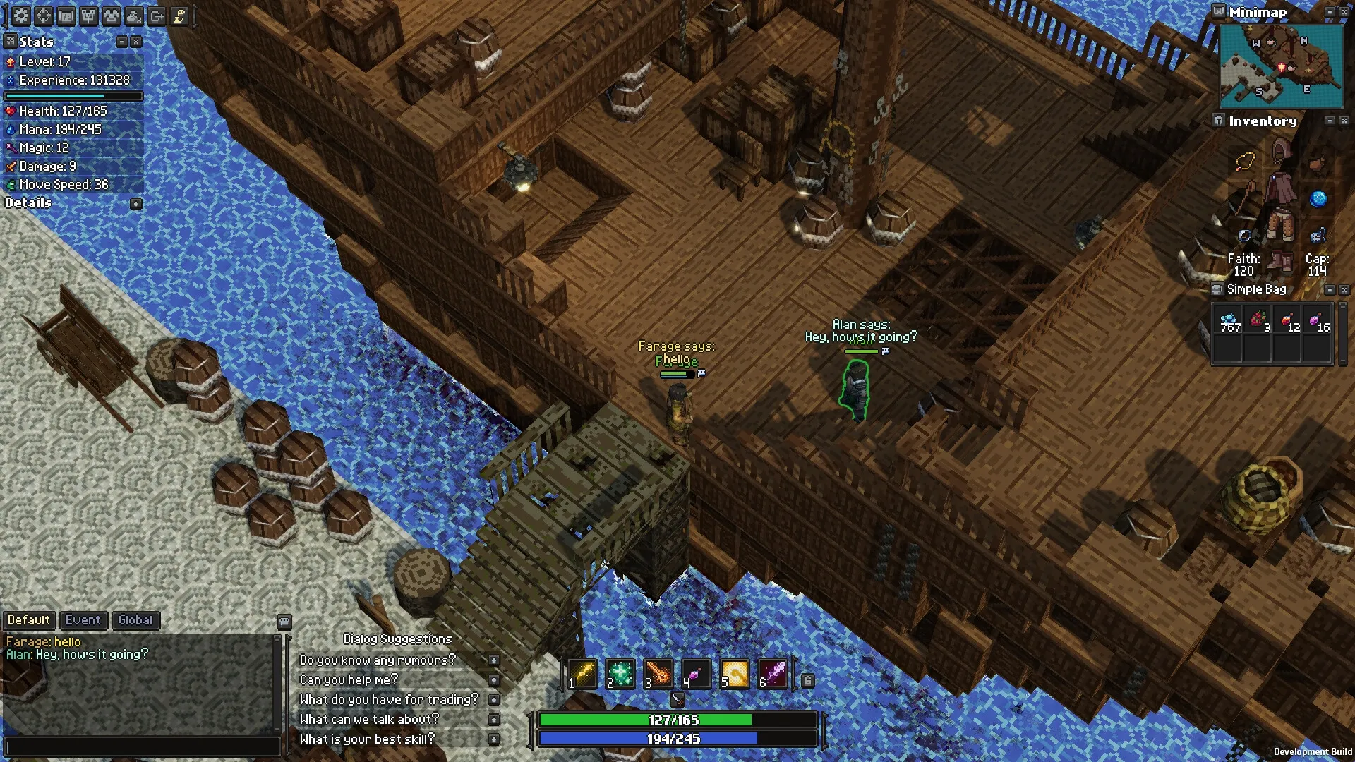 Apogea: Player dialogue with NPC Alan on ship deck, inventory and stats displayed on screen.