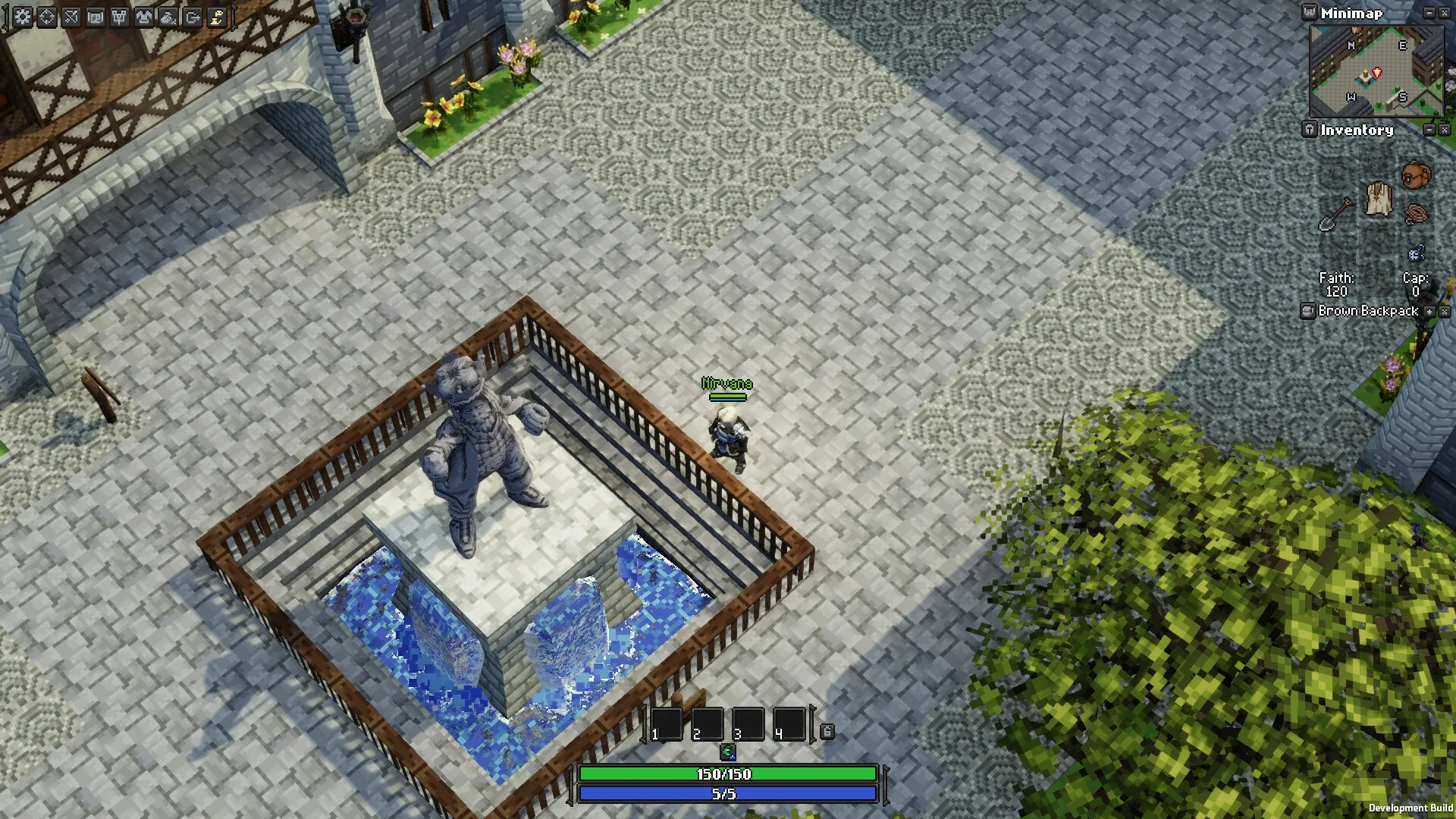 Apogea: Nirvana exploring a village courtyard with a fountain, visible minimap and inventory icons