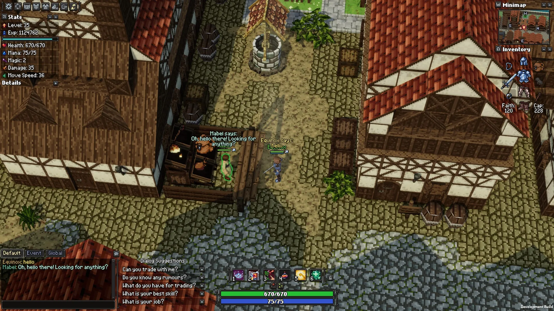 Apogea: Player interacting with NPC Mabel in medieval town square, inventory and stats visible