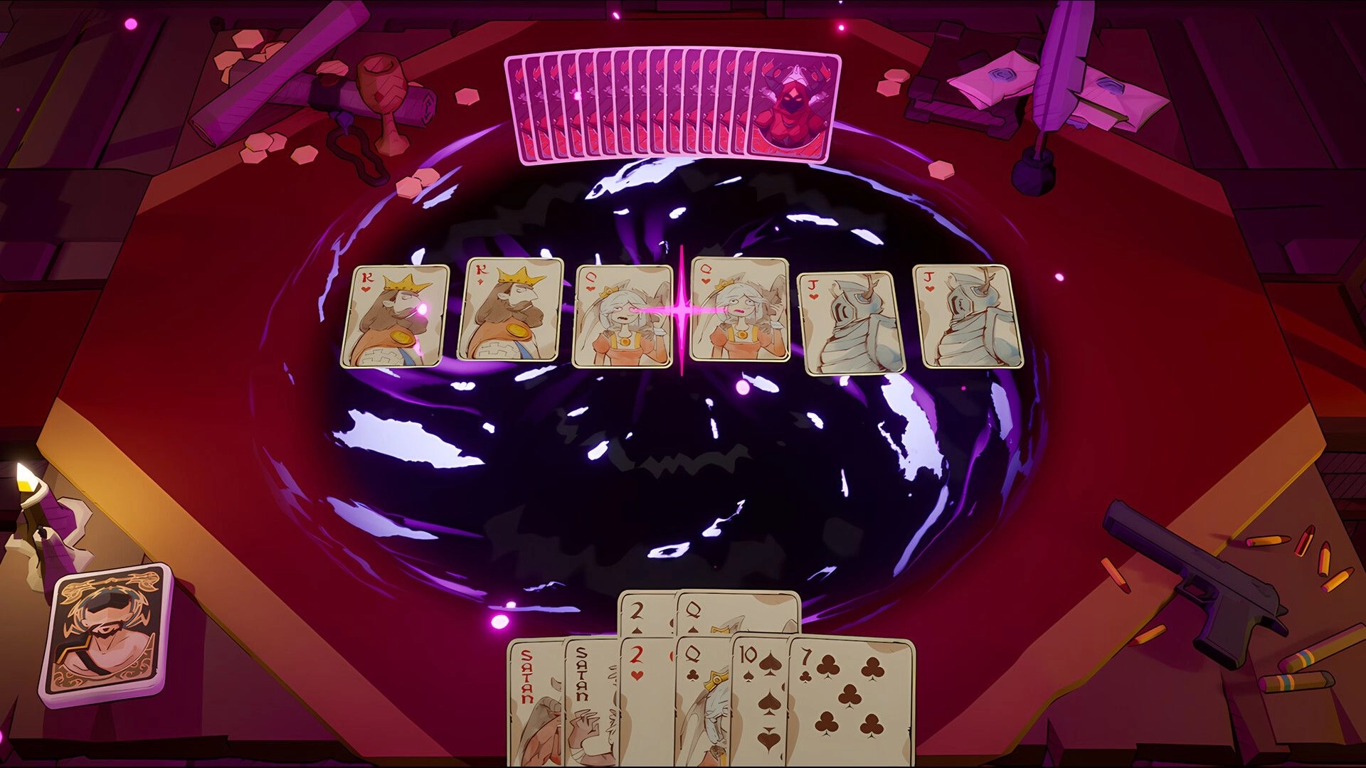 Apokerlypse: Strategic card play on a dark table with glowing portal and scattered chips