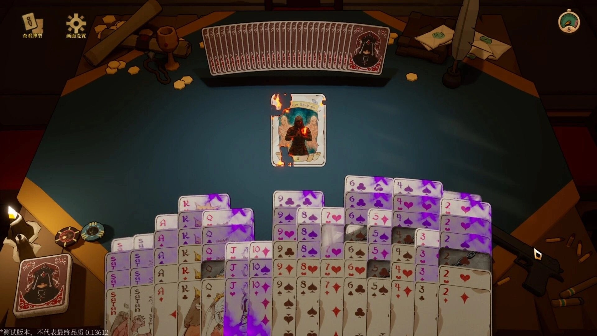 Apokerlypse: Poker hand strategy on a cluttered table with demonic cards and chips in dim lighting.