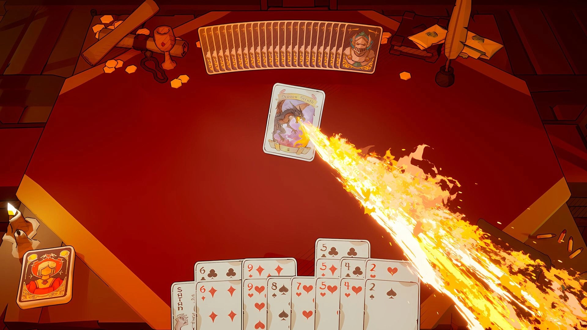 Apokerlypse: Flaming dragon card attack on red table with scattered poker hands and demonic chips