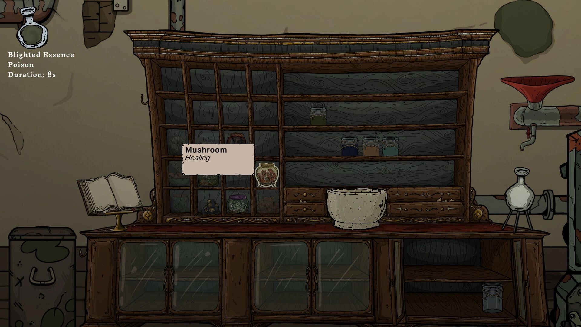 Apothecurse: Alchemy shelf UI highlighting Mushroom healing, jars and mortar on a wooden workbench.