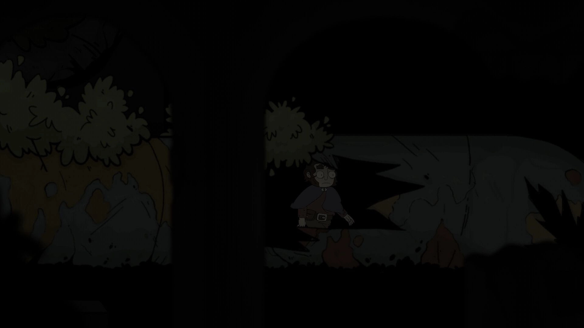 Apothecurse: Leon walks through a dark forest path beside a huge broken statue head and bushes.