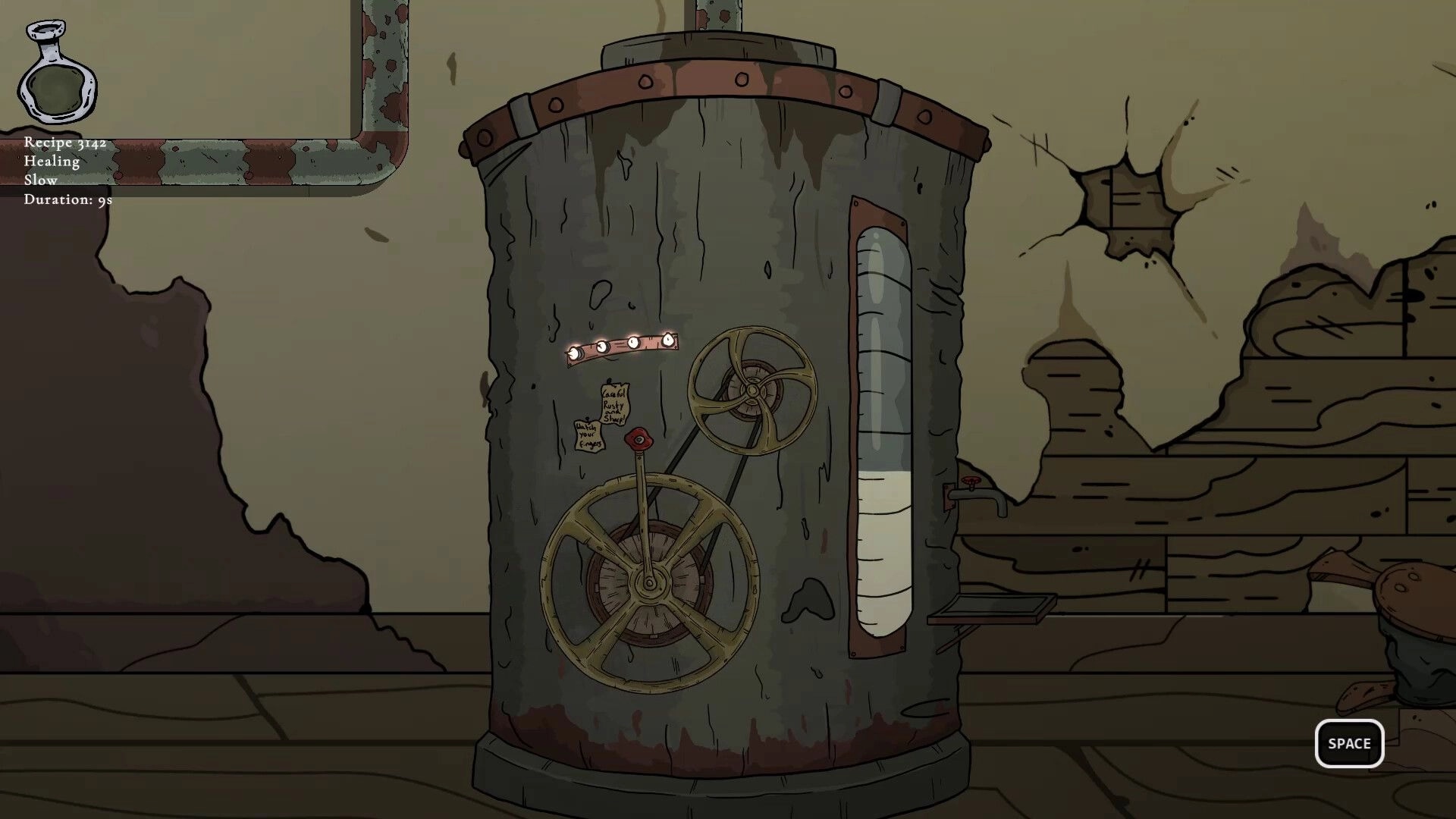 Apothecurse: Potion effect HUD and recipe timer beside a rusty boiler with gauges in a workshop room.