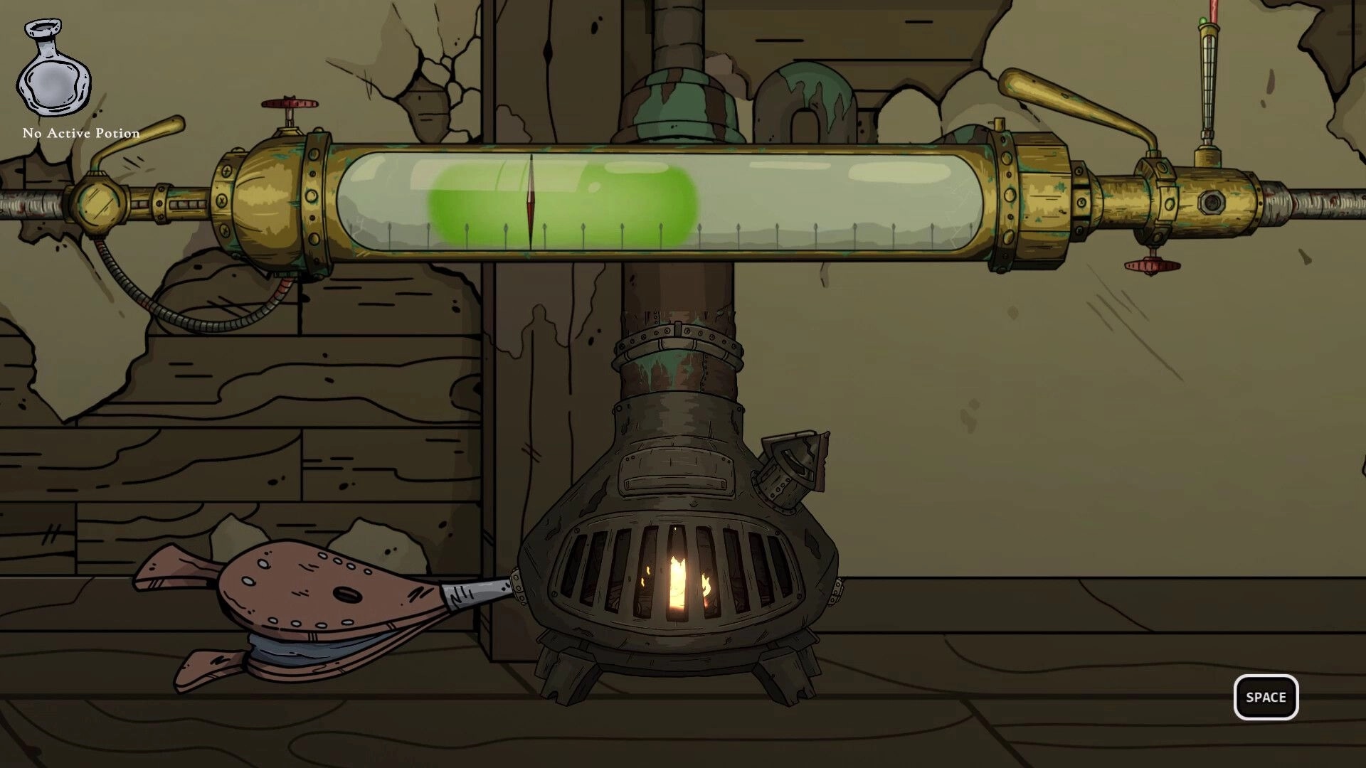 Apothecurse: Potion brewing tube filled with green liquid above a lit furnace in workshop UI screen.