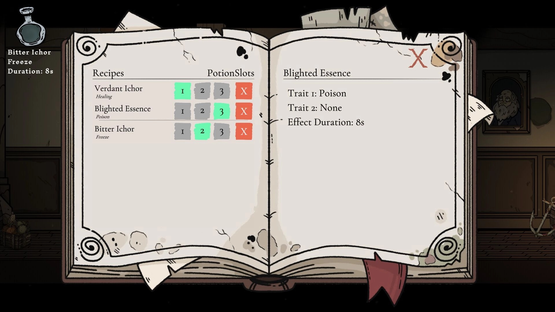 Apothecurse: Open recipe book UI listing potion slots and Blighted Essence traits in a dim room.