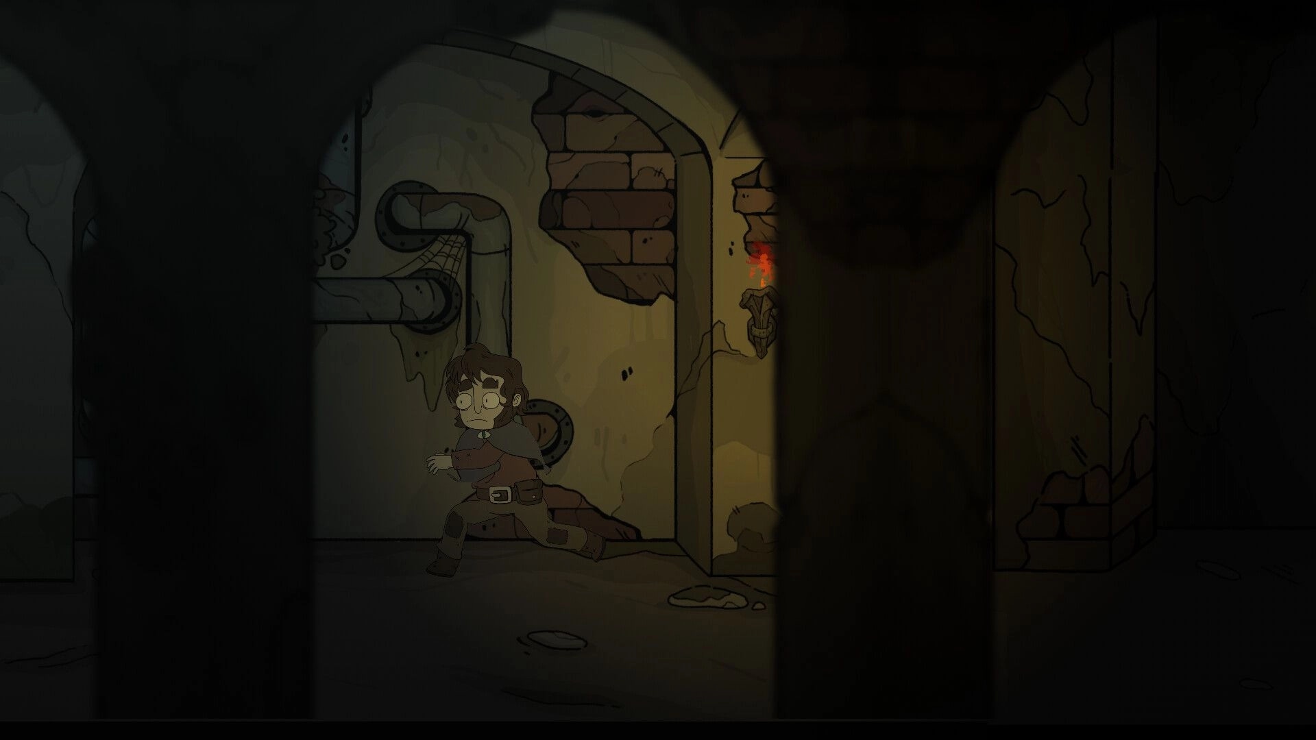 Apothecurse: Leon sneaks past a cracked brick archway with pipes and a torch in dim sewers.