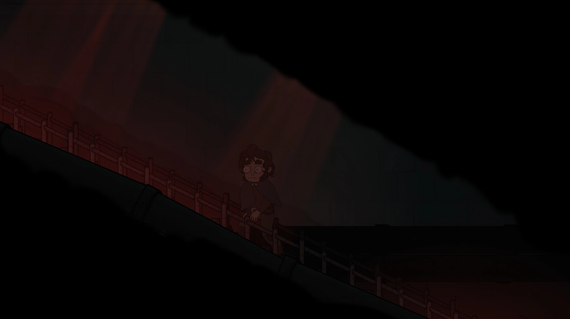 Apothecurse: Lone character walks by a wooden fence under dim red light in a shadowy corridor.
