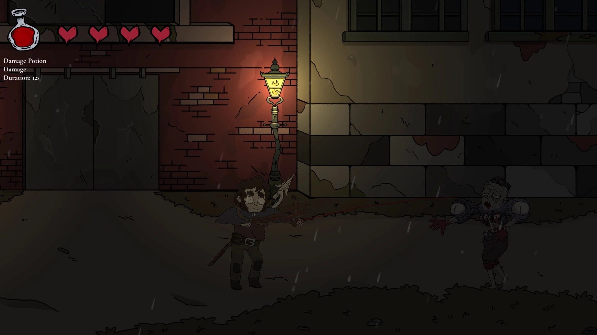 Apothecurse: Crossbow hero fights a zombie in rainy street by brick walls, hearts and potion UI visible.