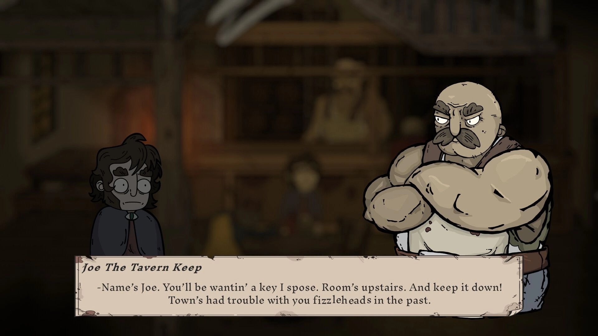 Apothecurse: Dialogue with Joe the Tavern Keep and a nervous traveler inside a dim tavern bar scene.
