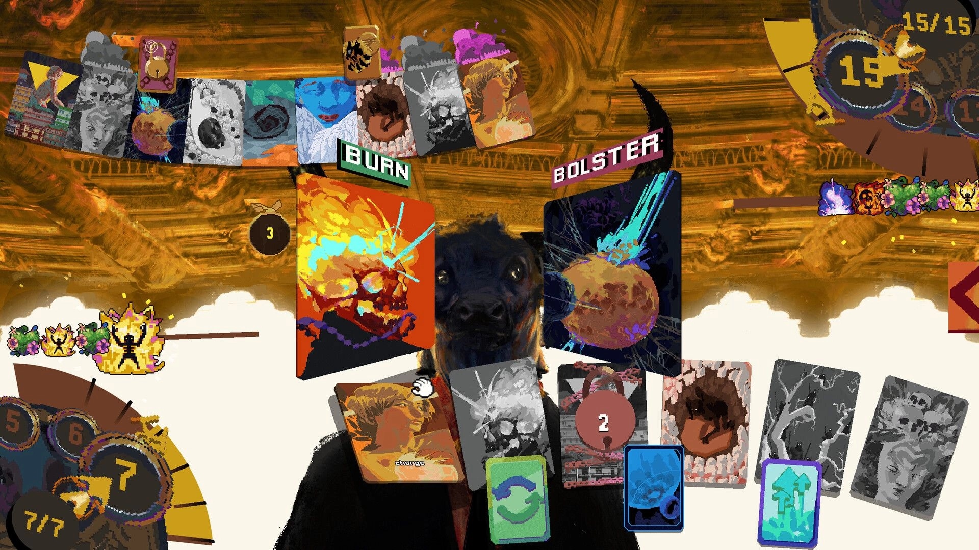 Appa: Card battle with BUAN and BOLSTER cards over a dog, meters and icons in surreal arena.