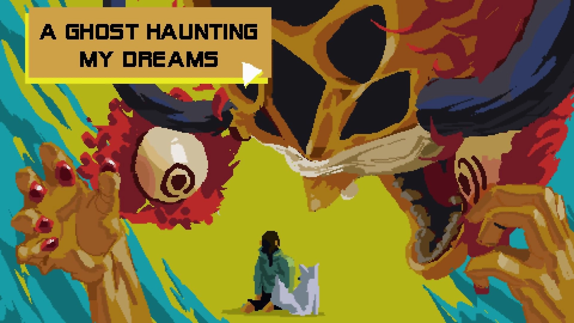 Appa: Dialogue choice “A GHOST HAUNTING MY DREAMS” over giant skull and eye looming above duo.