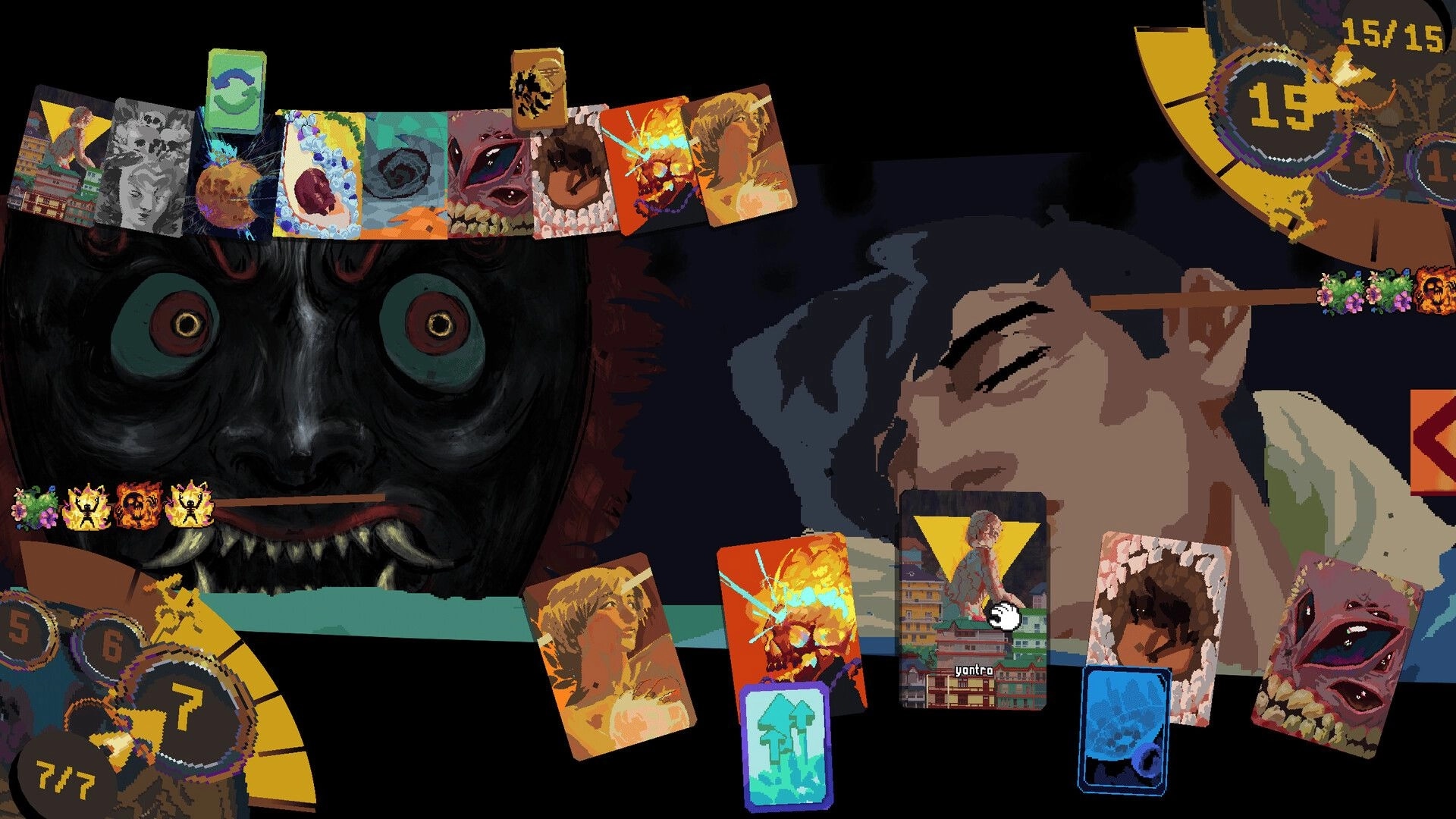 Appa: Card battle UI with hand of surreal cards facing a grinning monster beside a sleeping teen.