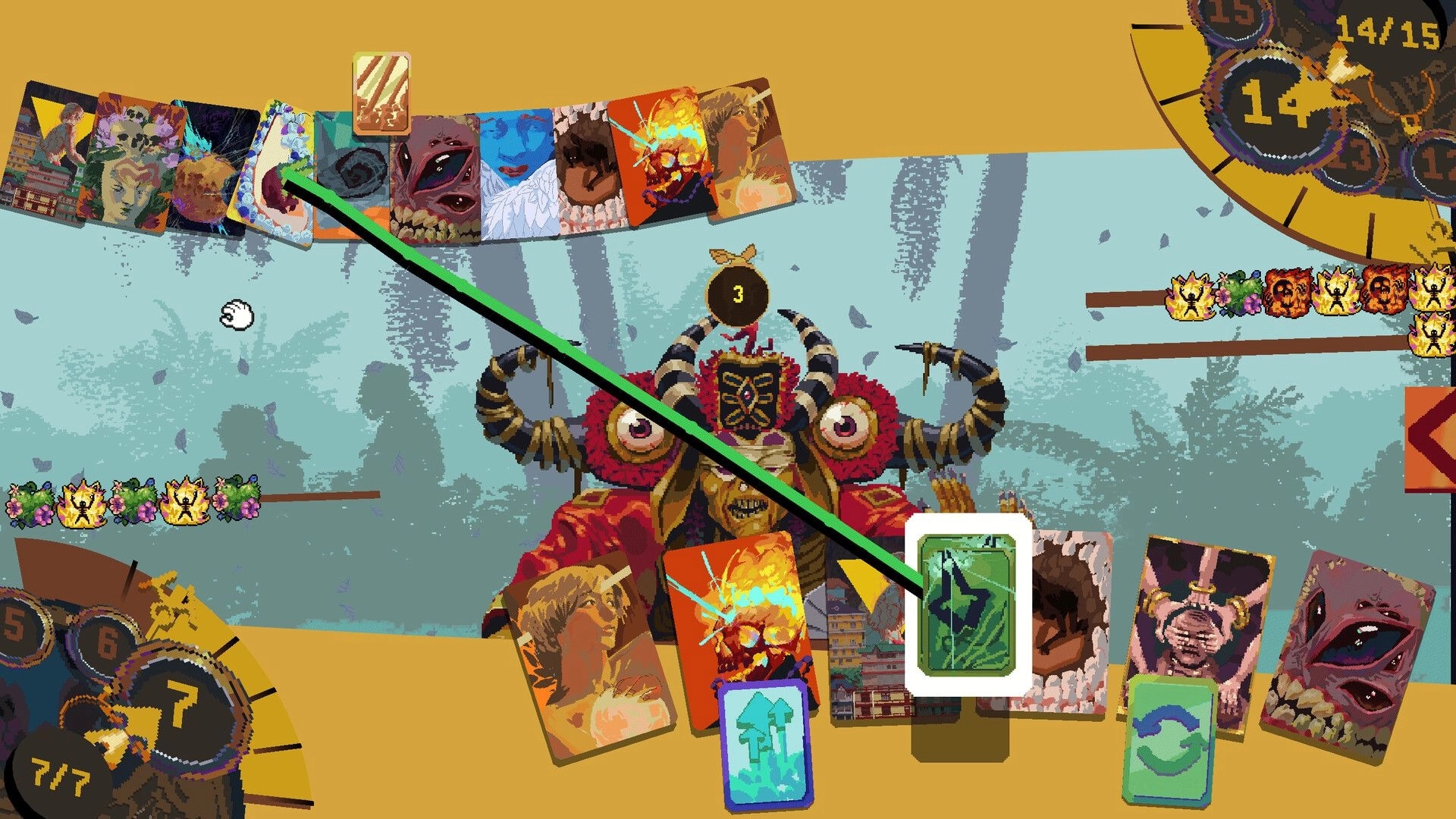 Appa: Card battle with horned boss and a fan of illustrated cards on a surreal tabletop arena.