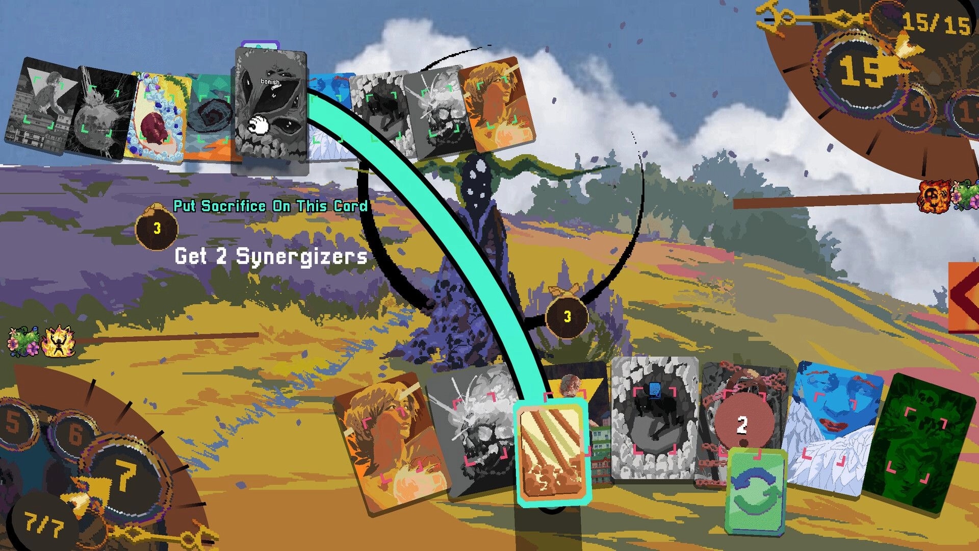 Appa: Card sacrifice selection with hand of cards and curved arrow in a surreal landscape battle UI.