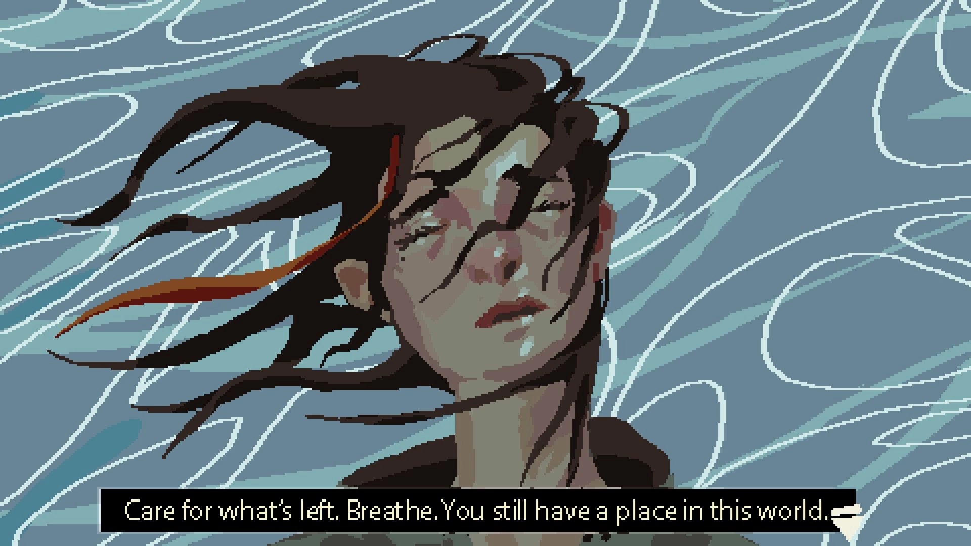 Appa: Close-up portrait of a woman with windswept hair over abstract waves, dialogue text box below.