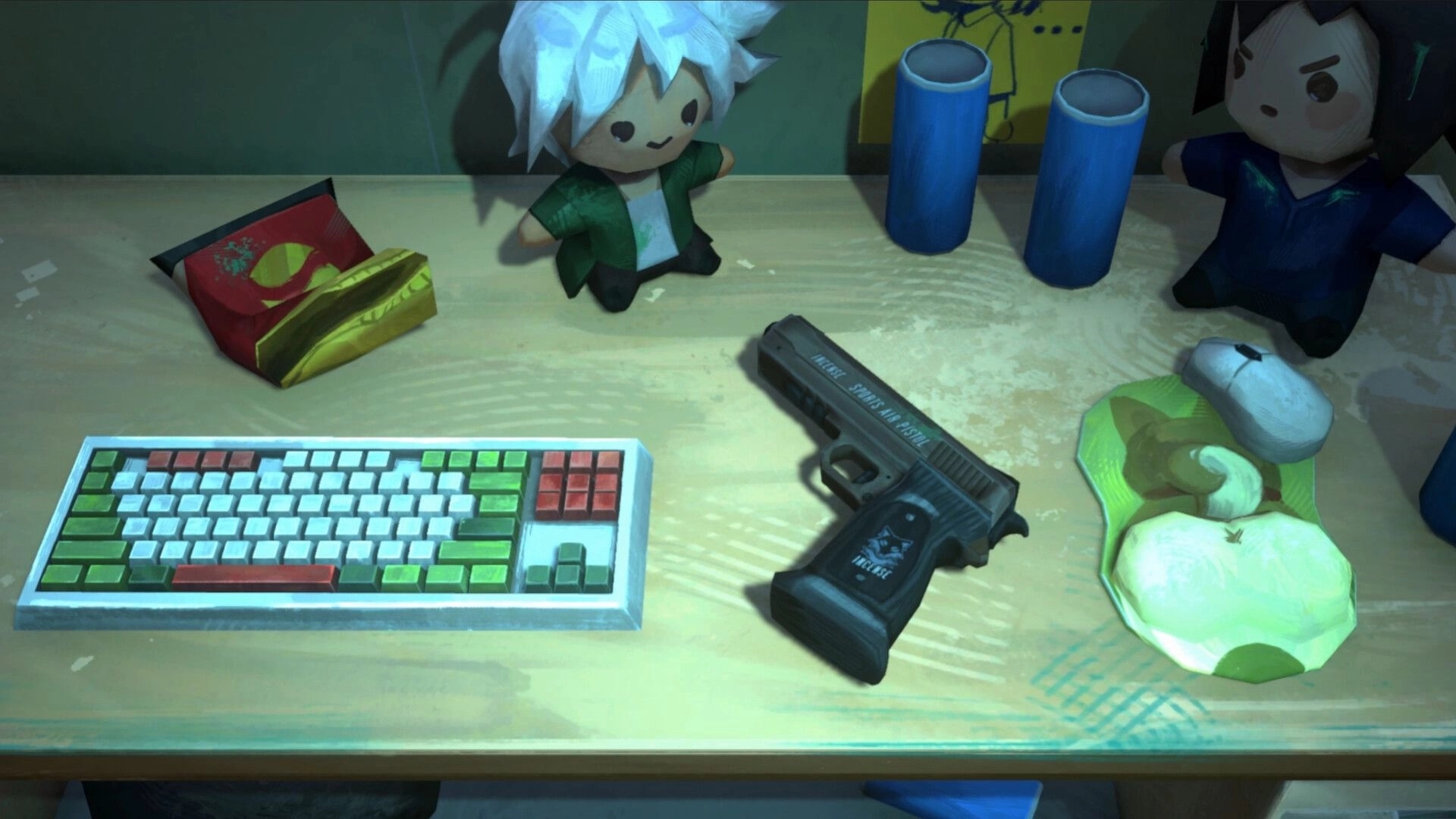 Apple Crumble: Cluttered desk with toy figures, pistol, keyboard, snacks, and blue cups in room.