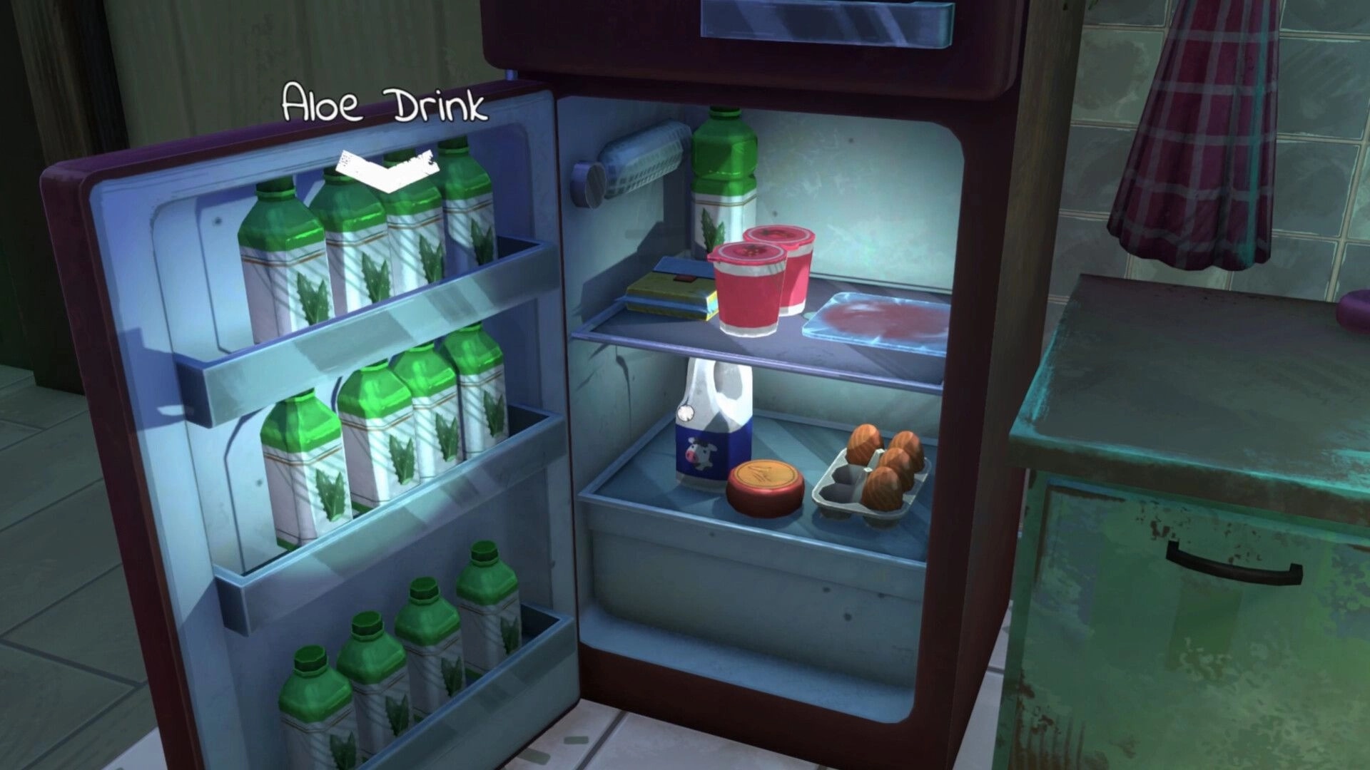 Apple Crumble: Cursor highlights Aloe Drink in open fridge packed with bottles, eggs, and snacks in kitchen.