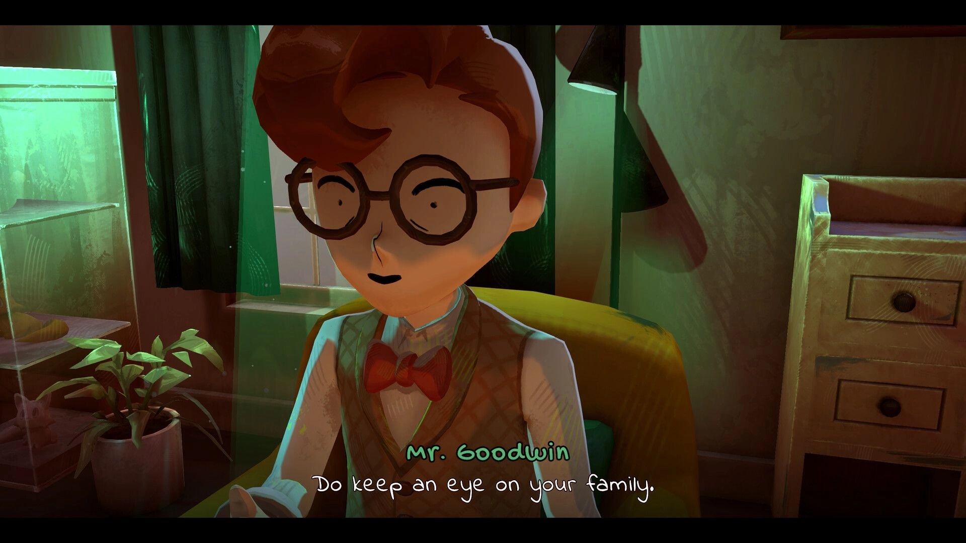 Apple Crumble: Dialogue close-up of Mr. Goodwin with subtitles in a dim bedroom by a window.
