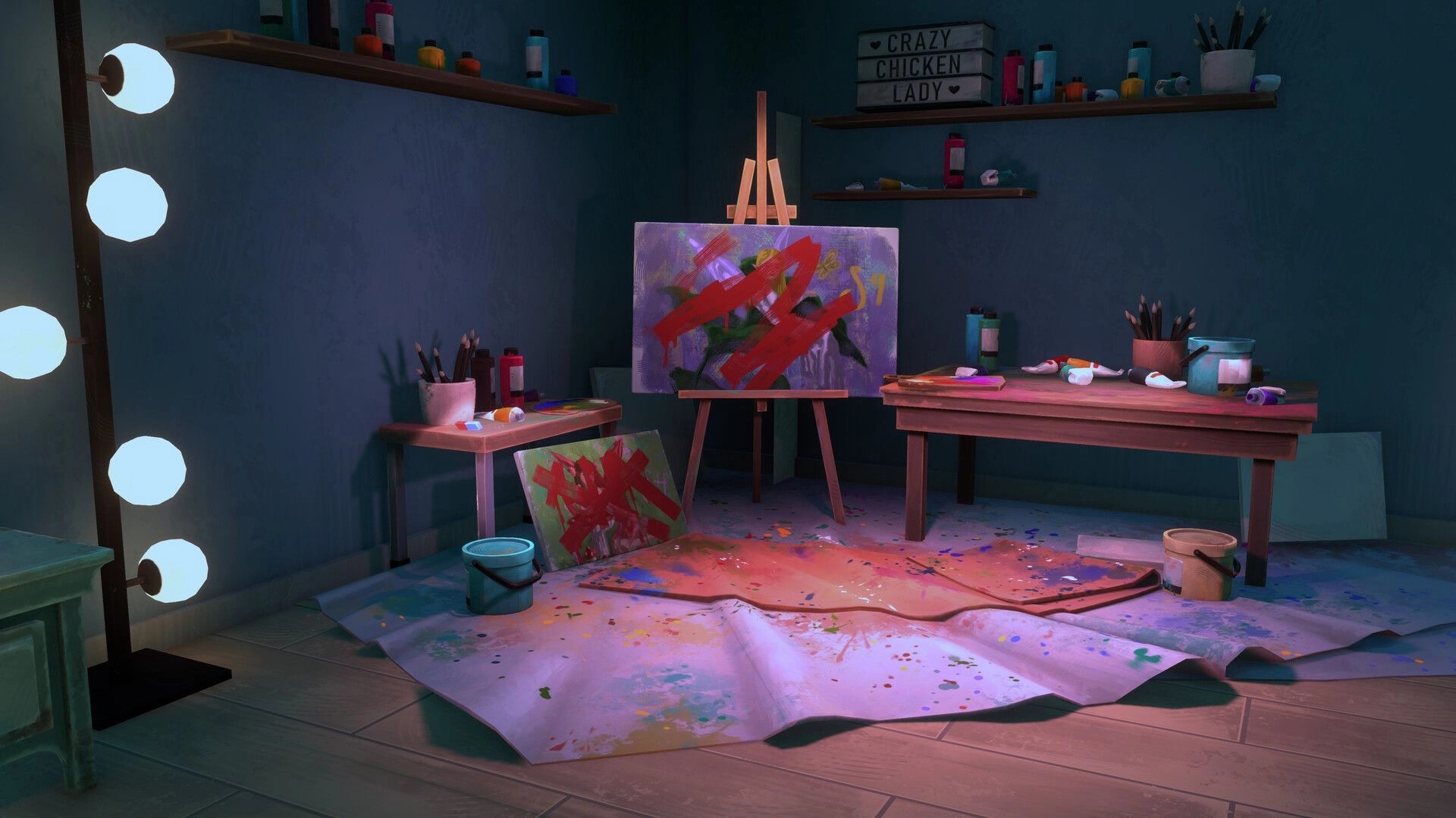 Apple Crumble: Paint-splattered art studio with easel canvas, brushes, and scattered paint tubes on tables.