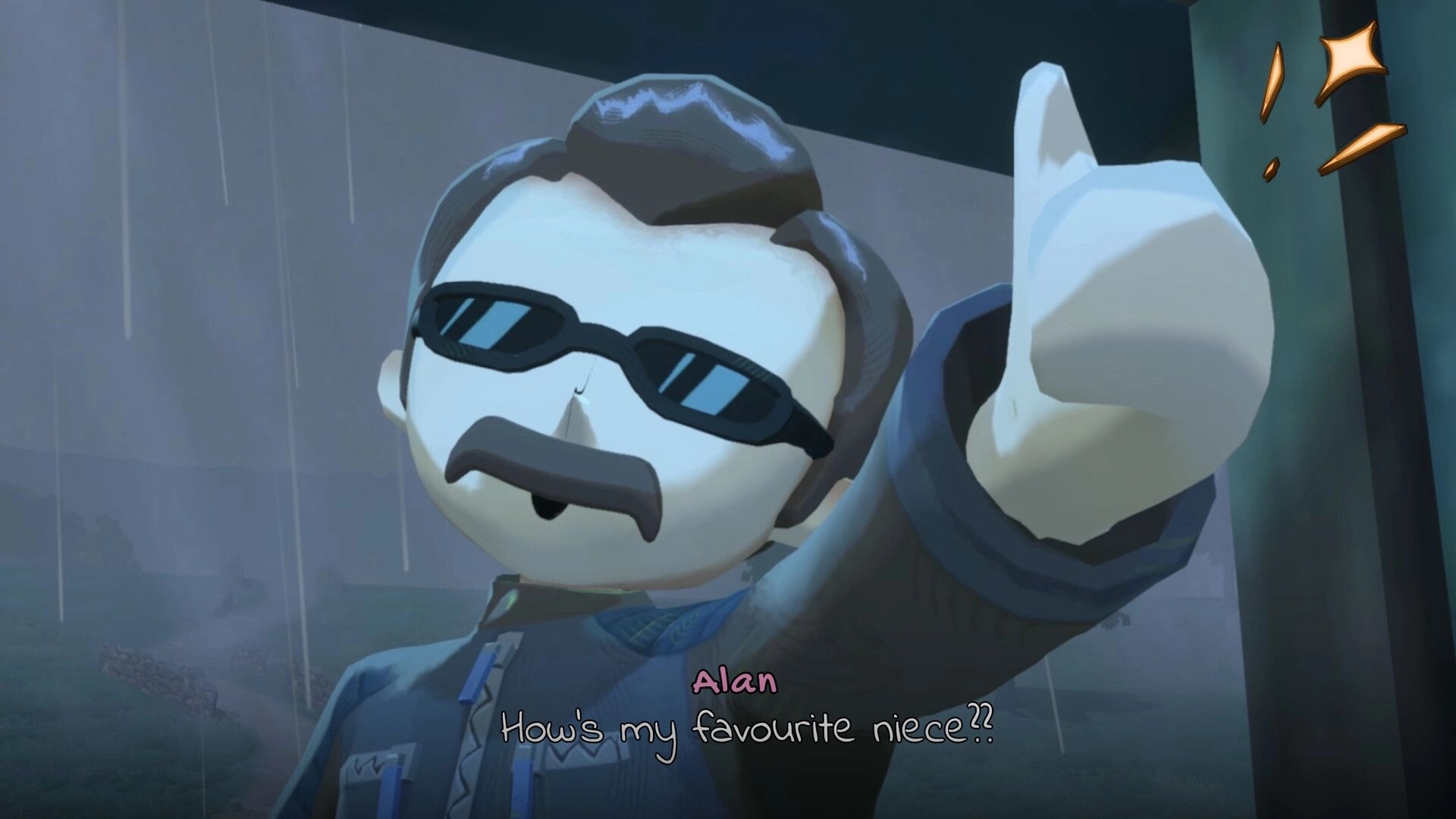 Apple Crumble: Alan in sunglasses gives a thumbs-up during rainy dialogue scene outside a building.