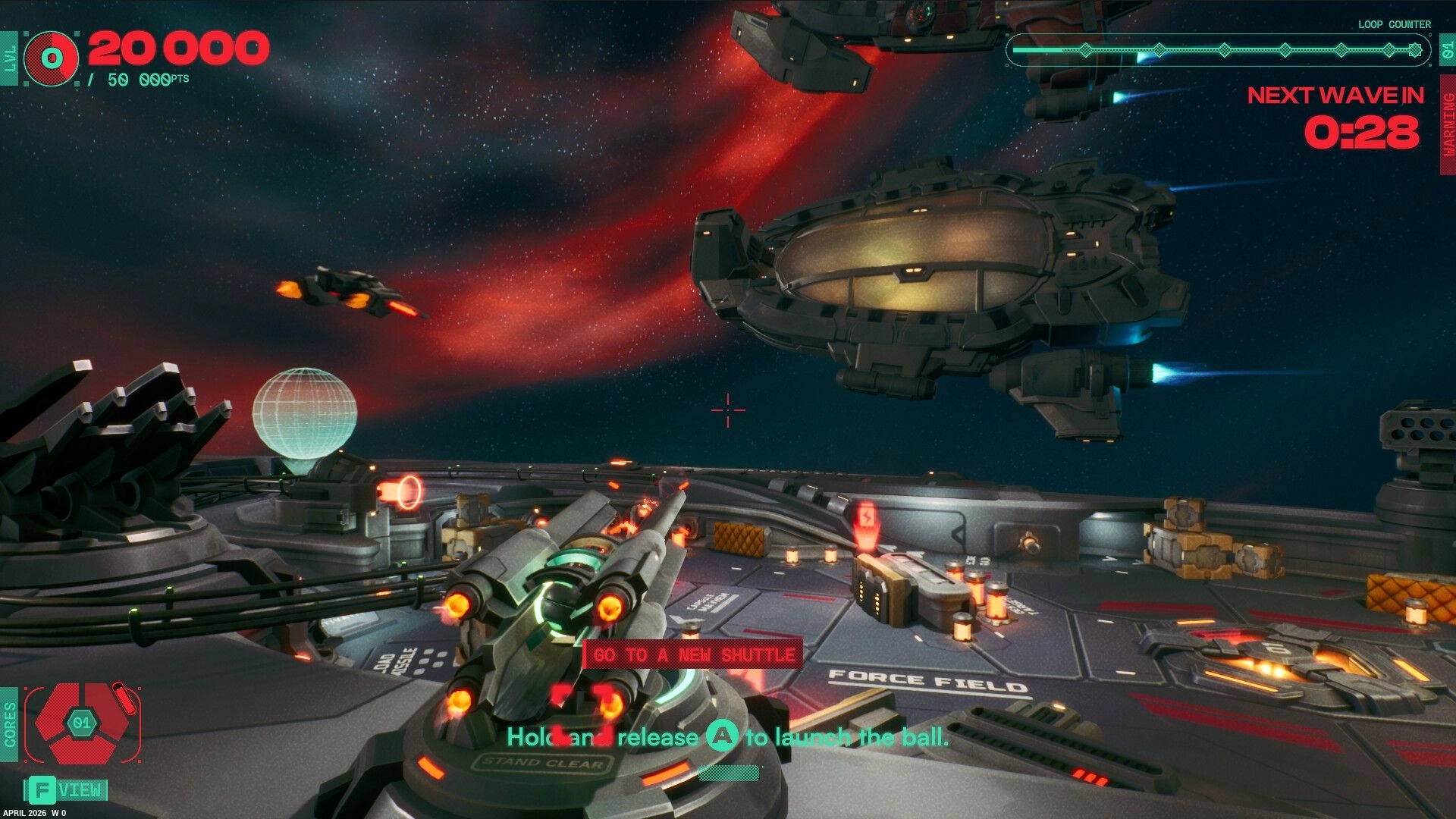Appulse: Aiming a turret to launch the ball on a space platform with score and next-wave timer UI.