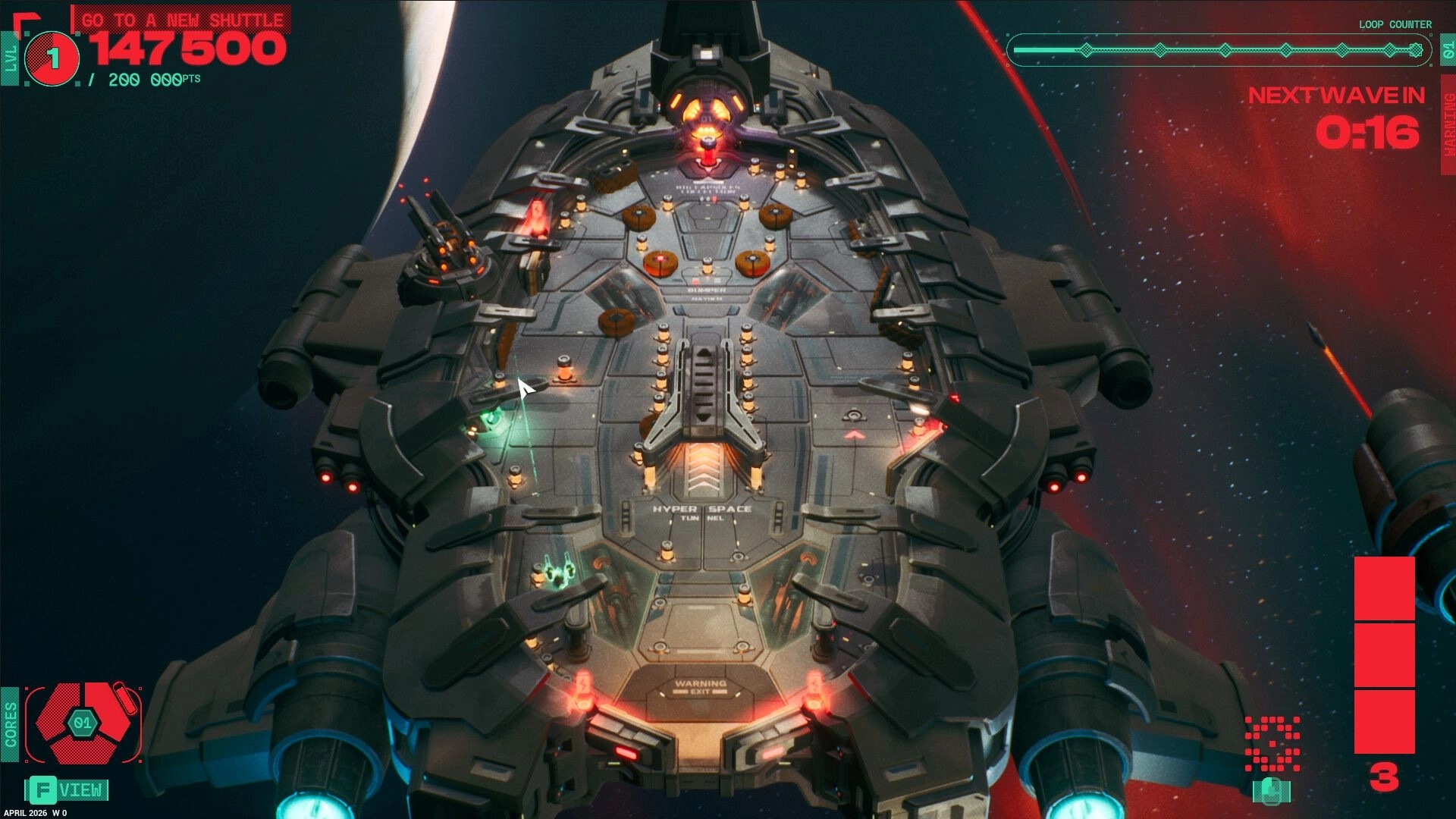 Appulse: Pinball-like spaceship arena with bumpers and turrets, next wave timer over starfield.