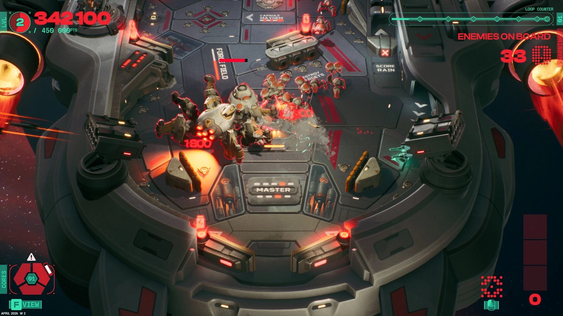 Appulse: Mech blasts a swarm of robots on a spaceship pinball arena with score and enemy counter UI.