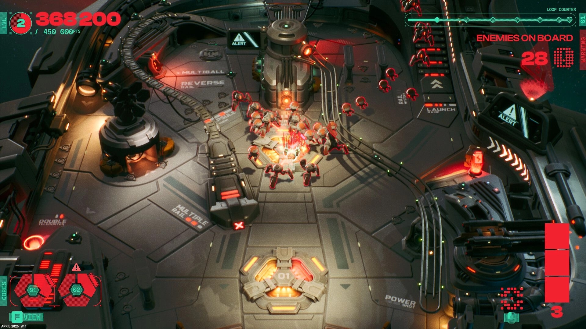 Appulse: Player blasts a swarm of red robots around a central turret on a pinball-like ship deck.