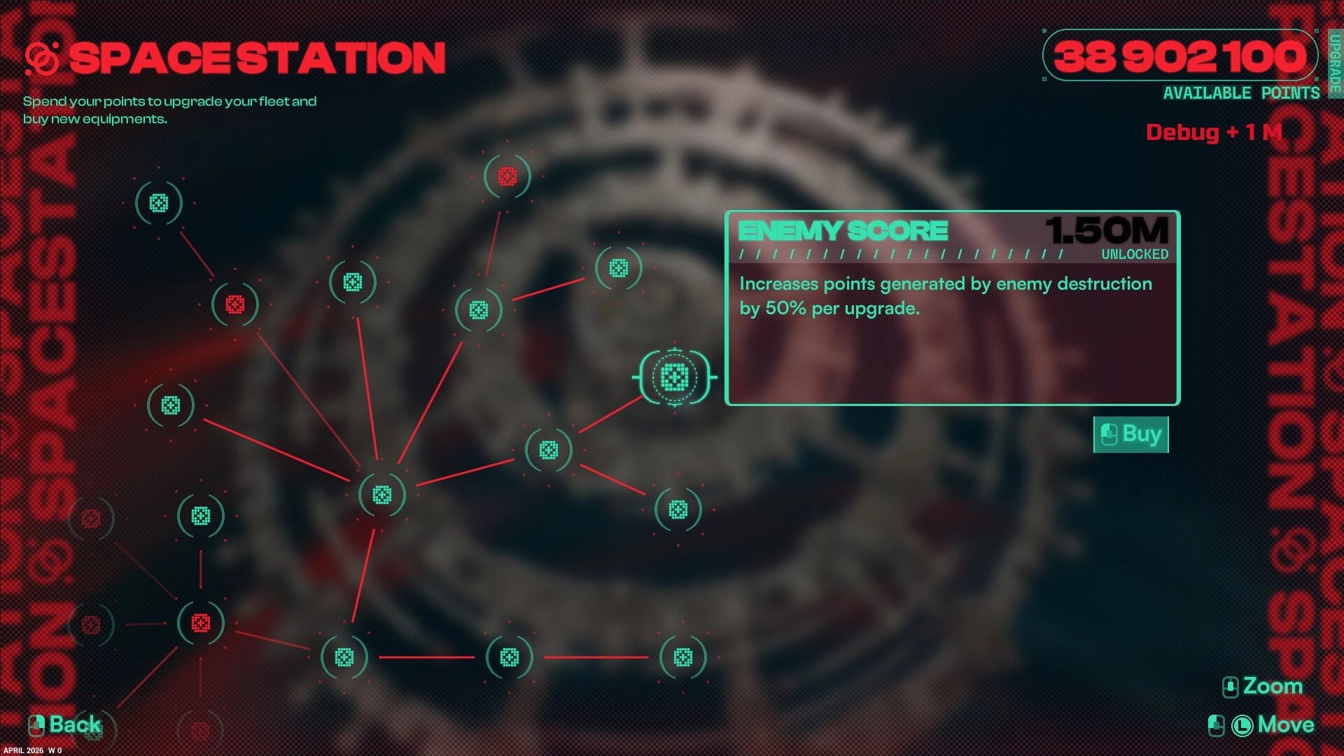 Appulse: Spacestation upgrade tree with nodes and Enemy Score tooltip, available points shown on HUD.