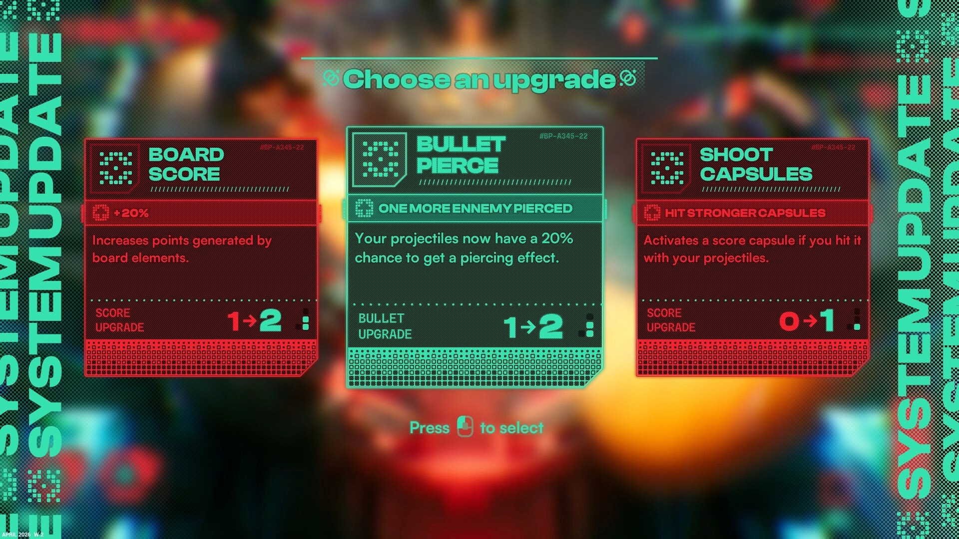 Appulse: Choose an upgrade menu with Board Score, Bullet Pierce, and Shoot Capsules over combat blur.