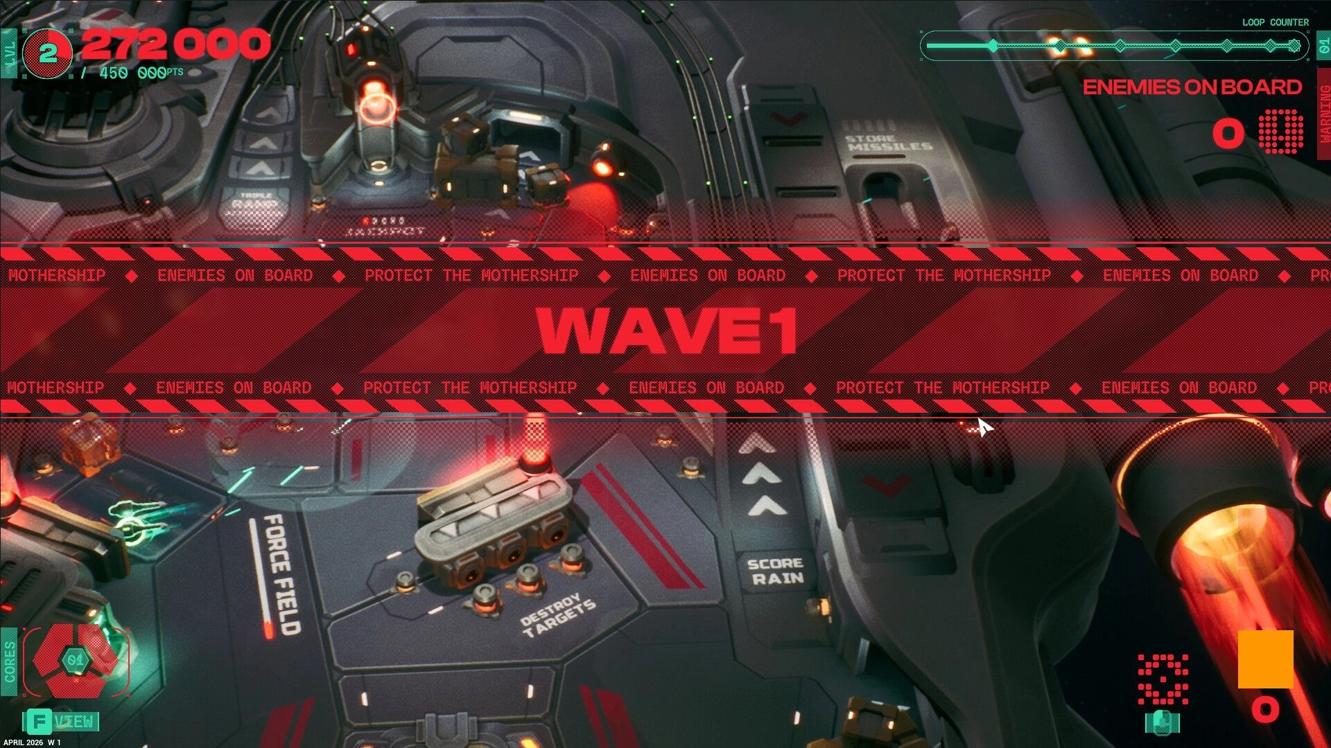 Appulse: Wave 1 warning banner over top-down mothership deck, with score HUD and loop counter UI.