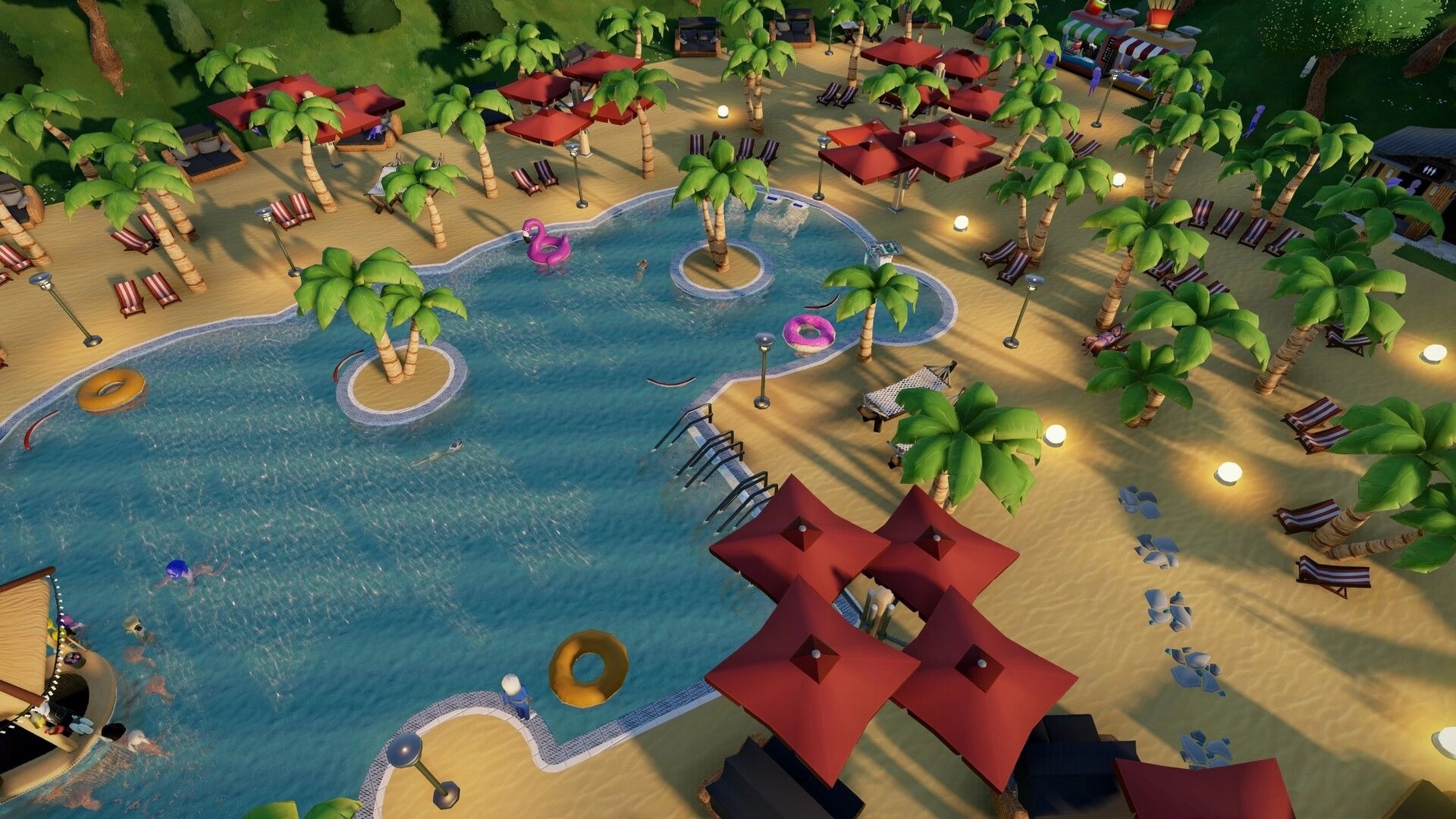 Aquapark Tycoon: Overhead view of pool area with palm trees, lounge chairs, and colorful floaties