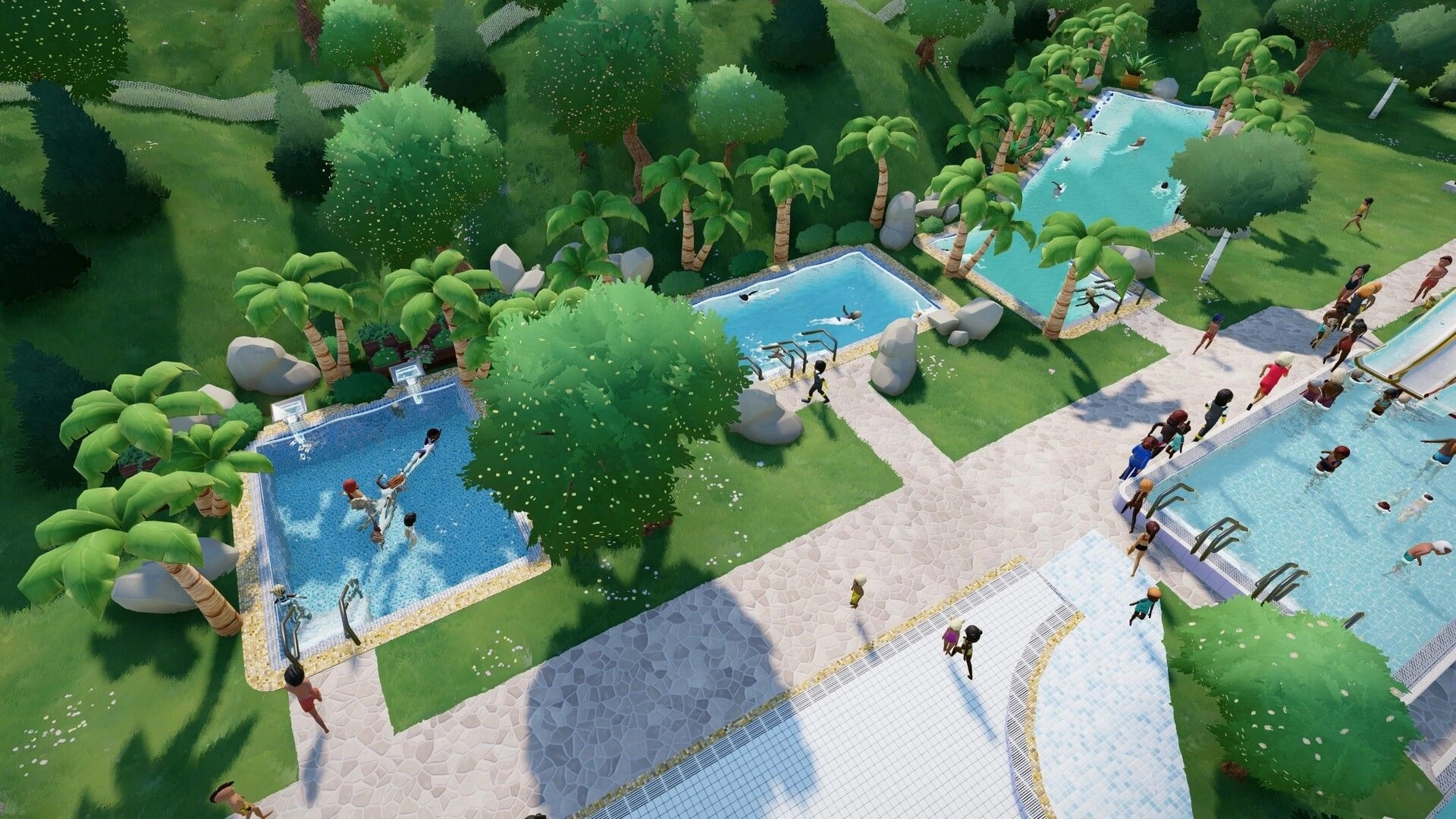 Aquapark Tycoon: Guests enjoying multiple pools surrounded by lush greenery and palm trees