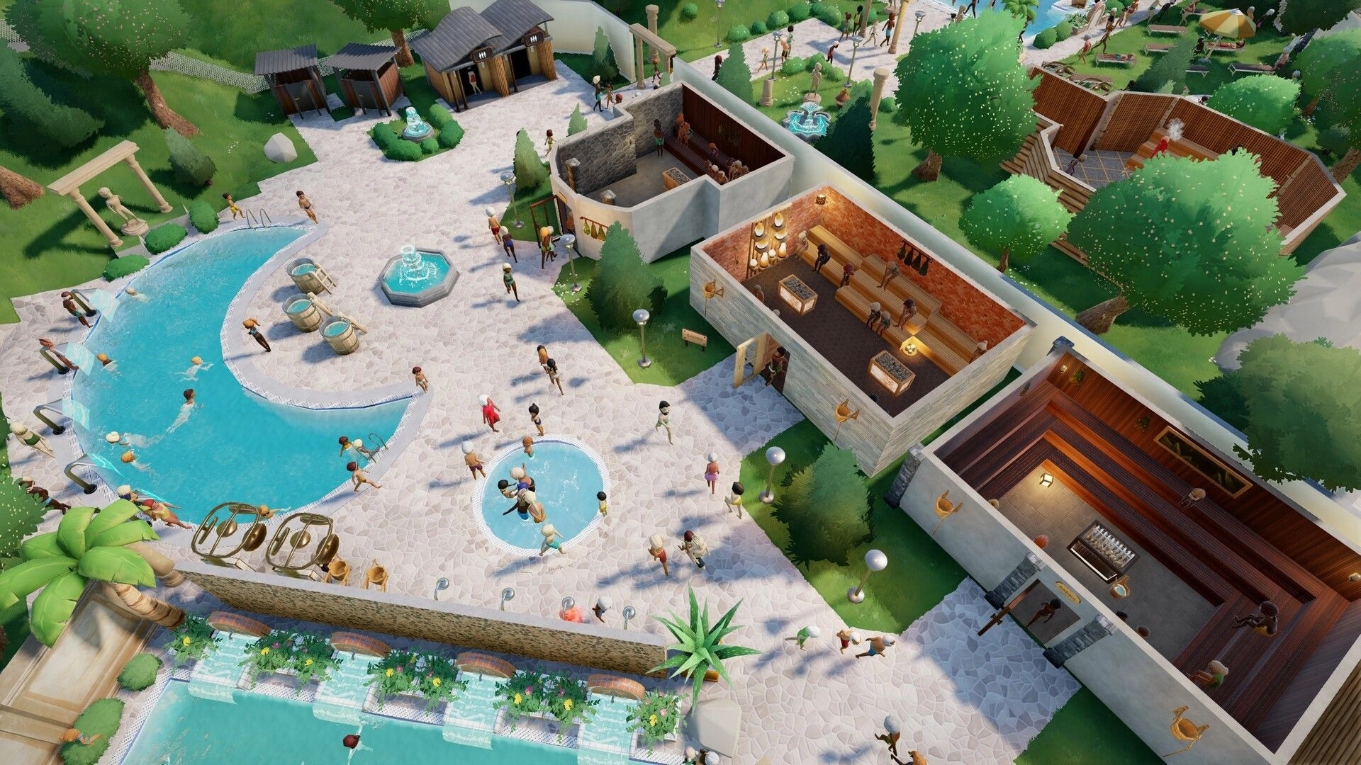 Aquapark Tycoon: Guests enjoy pools, saunas, and open spaces in a bustling waterpark environment.