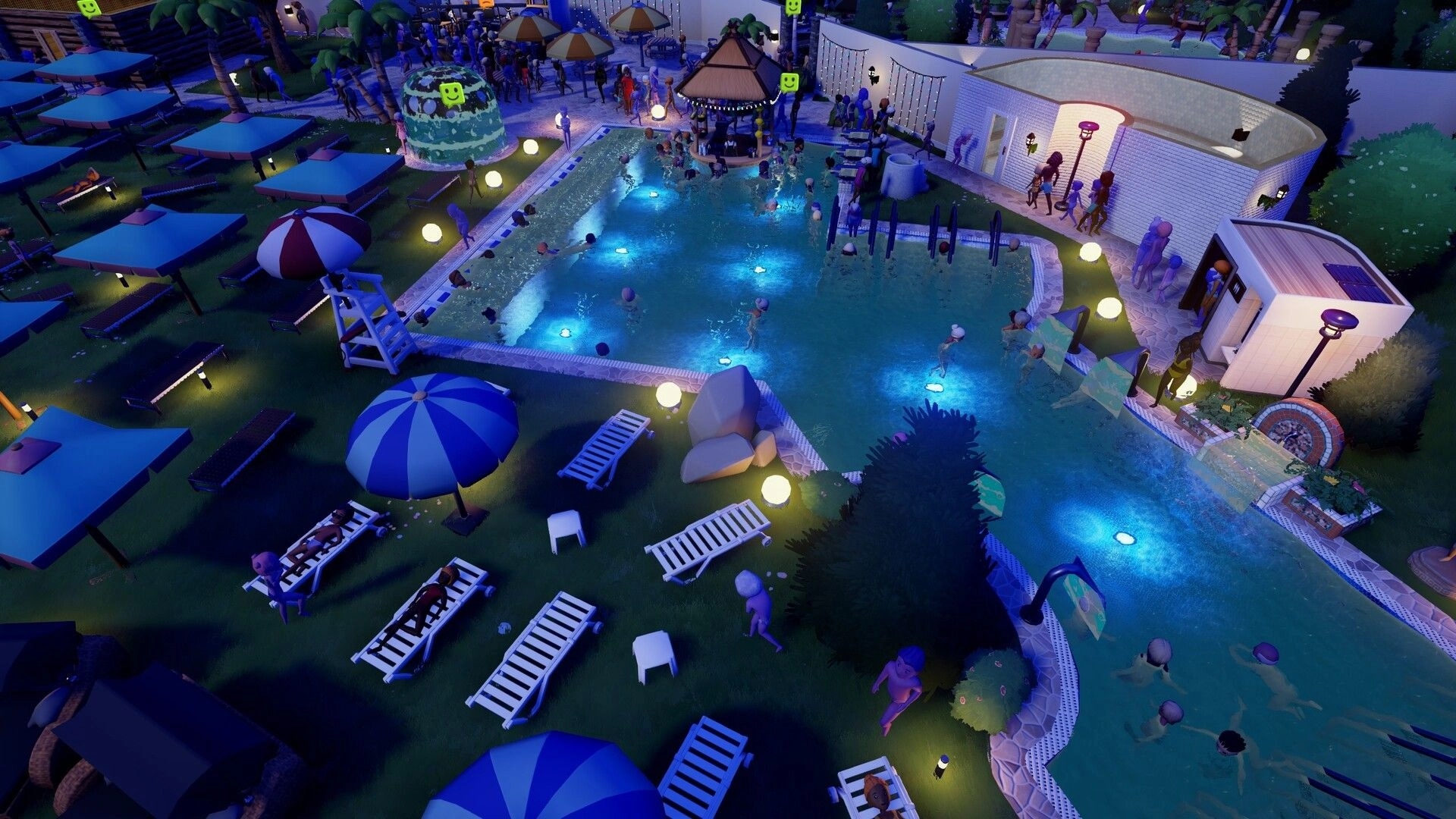 Aquapark Tycoon: Nighttime pool area with guests swimming, lounging under umbrellas, and enjoying lights.