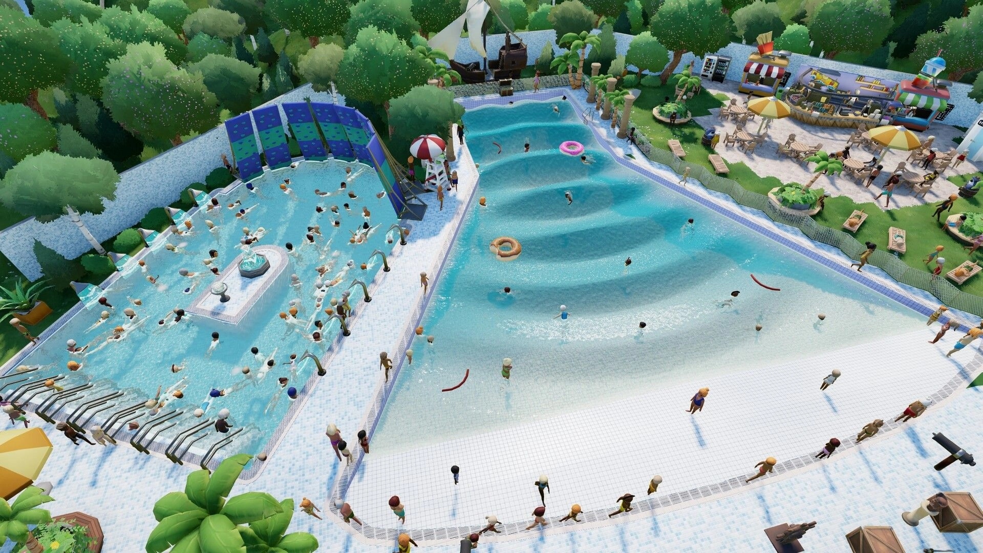 Aquapark Tycoon: Crowded wave pool and lazy river area surrounded by lush greenery and snack stalls.