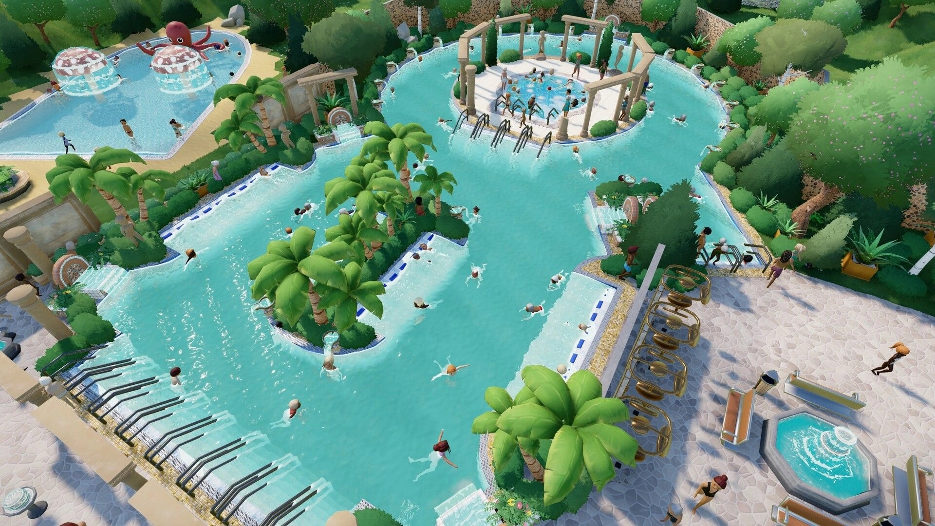 Aquapark Tycoon: Guests enjoy water slides and pools surrounded by palm trees in a vibrant park setting