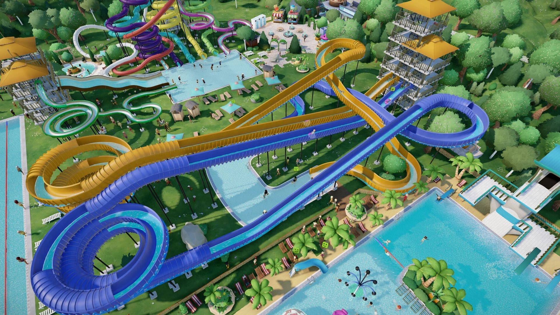 Aquapark Tycoon: Colorful intertwined water slides tower over a vibrant, lush park filled with guests.