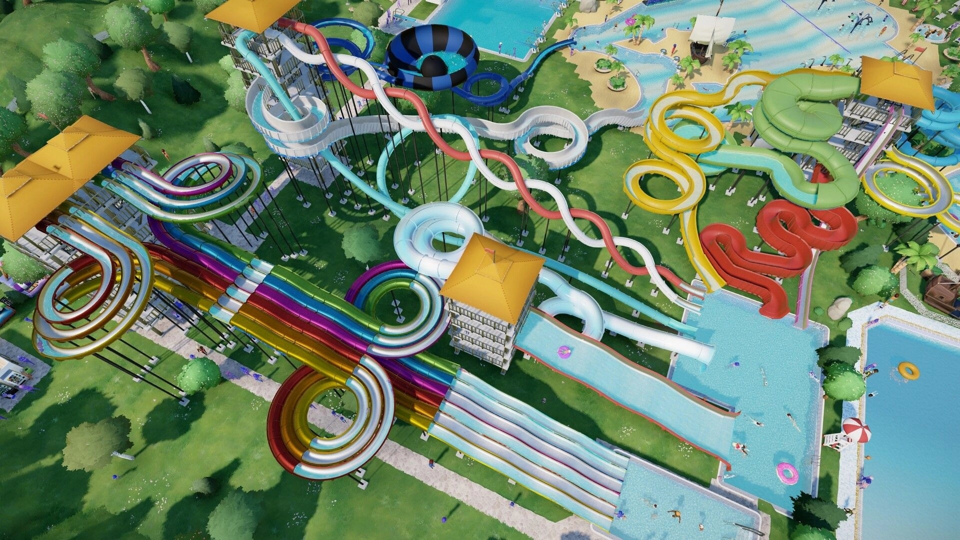 Aquapark Tycoon: Colorful water slides and pools with guests enjoying the vibrant park setting